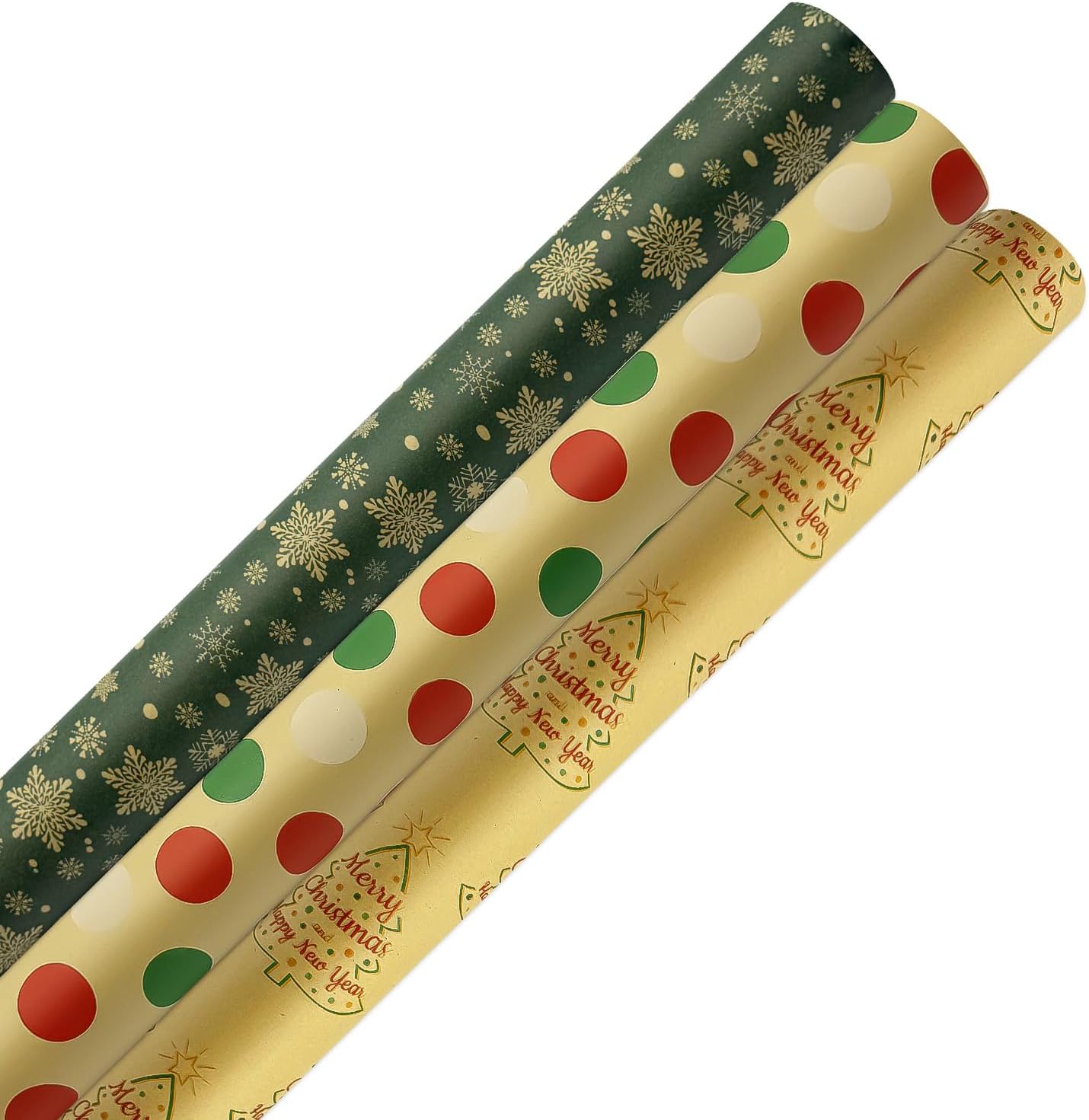 3 Rolls Huge Christmas Wrapping Paper, 76cm x 4M Recyclable Kraft Gift Wrapping Paper Print With Snowflake Dots Christmas Tree for Birthday Xmas Party Gift Decorations