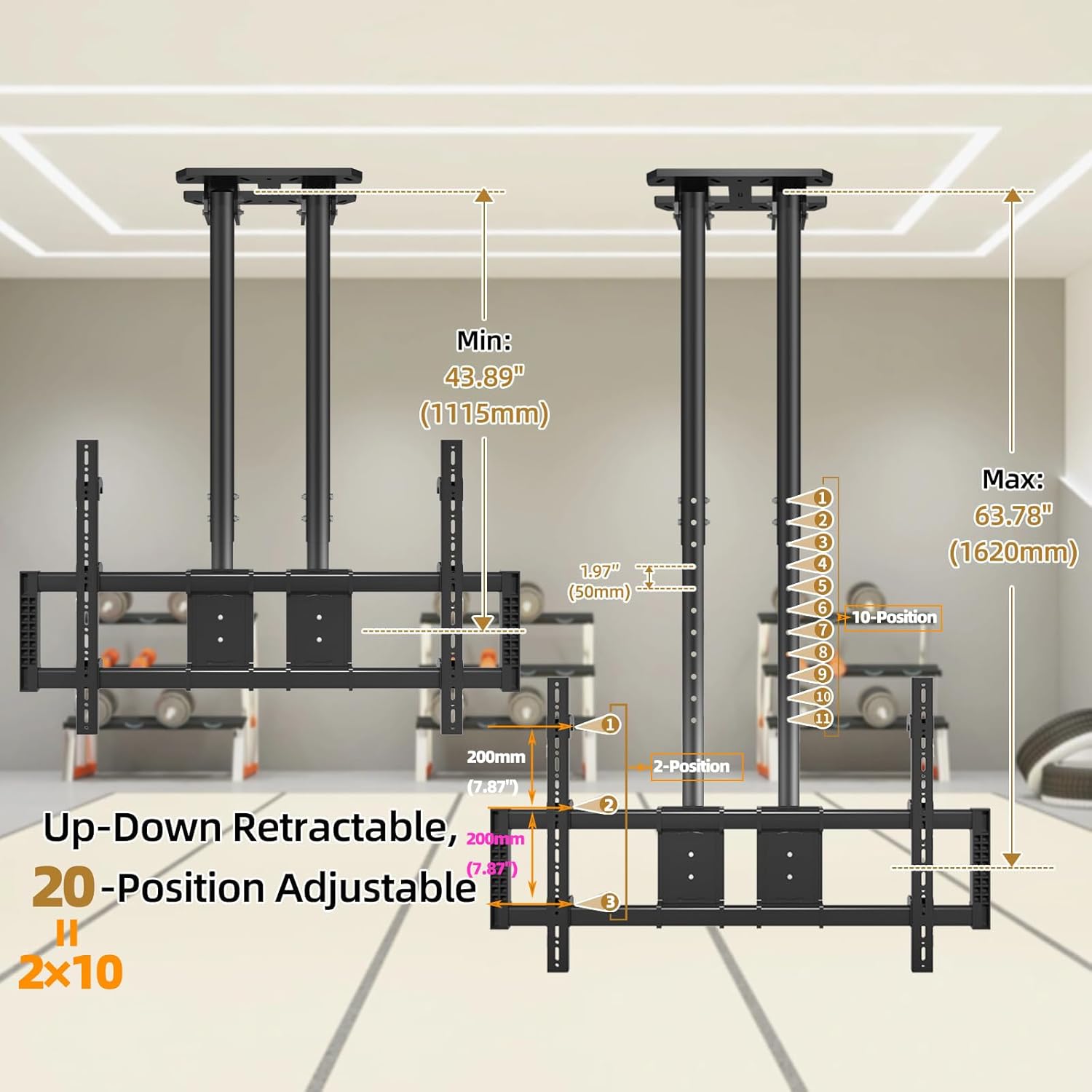 Ceiling TV Mount for 60-120 inch TVs, Double Pole Hanging Ceiling TV Bracket Hold up to 220 lbs, 20-Level Height Adjustable Ceiling Mount Fits LED LCD OLED 4K Screen, Max VESA 1000x600mm