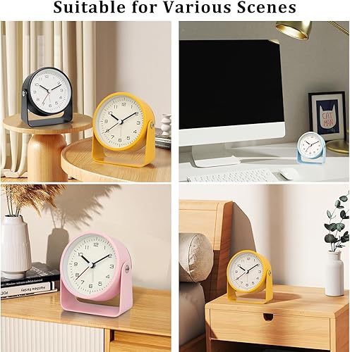 Miniatura 6 de Maxspace Reloj despertador analógico de 3 pulgadas, reloj pequeño silencioso sin tictac, reloj de escritorio de metal giratorio, diseño simple para