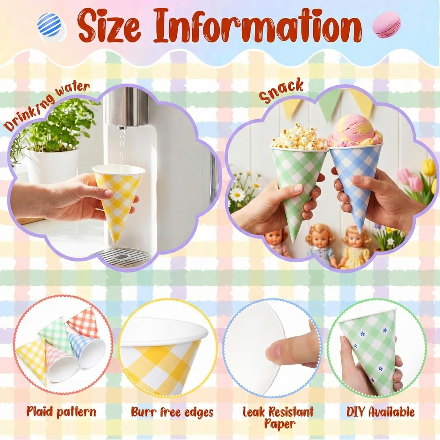 Honeydak 50 Pcs 6 oz Pastel Gingham Snow Cone Cups, Summer Disposable Paper Shave Ice Cream Cups for Slush Shaved Ice Cream Sorbet for Spring Party Treats Supplies