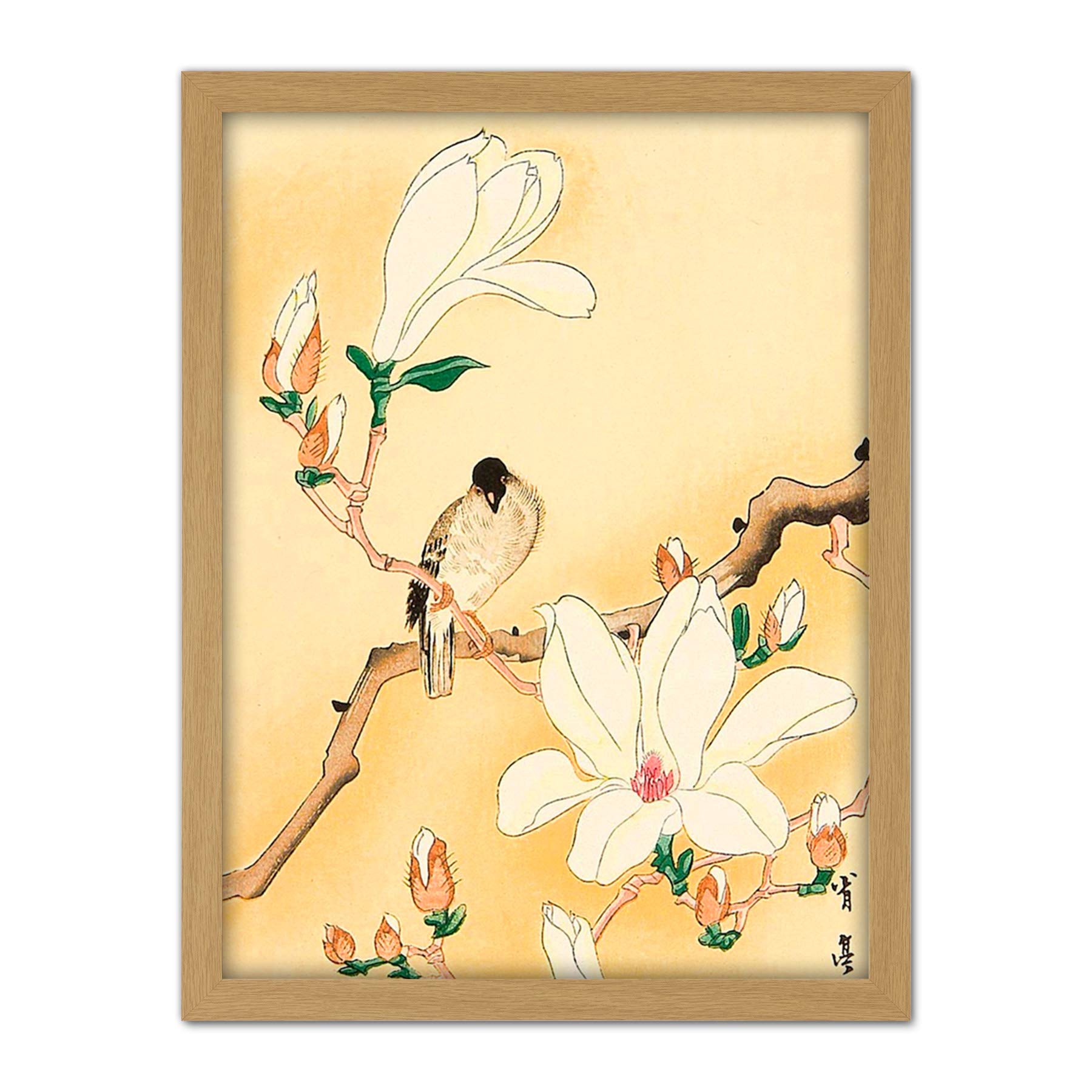 Seitei Bird Magnolia Branch Japanese Painting Artwork Framed Wall Art Print 18X24 Inch
