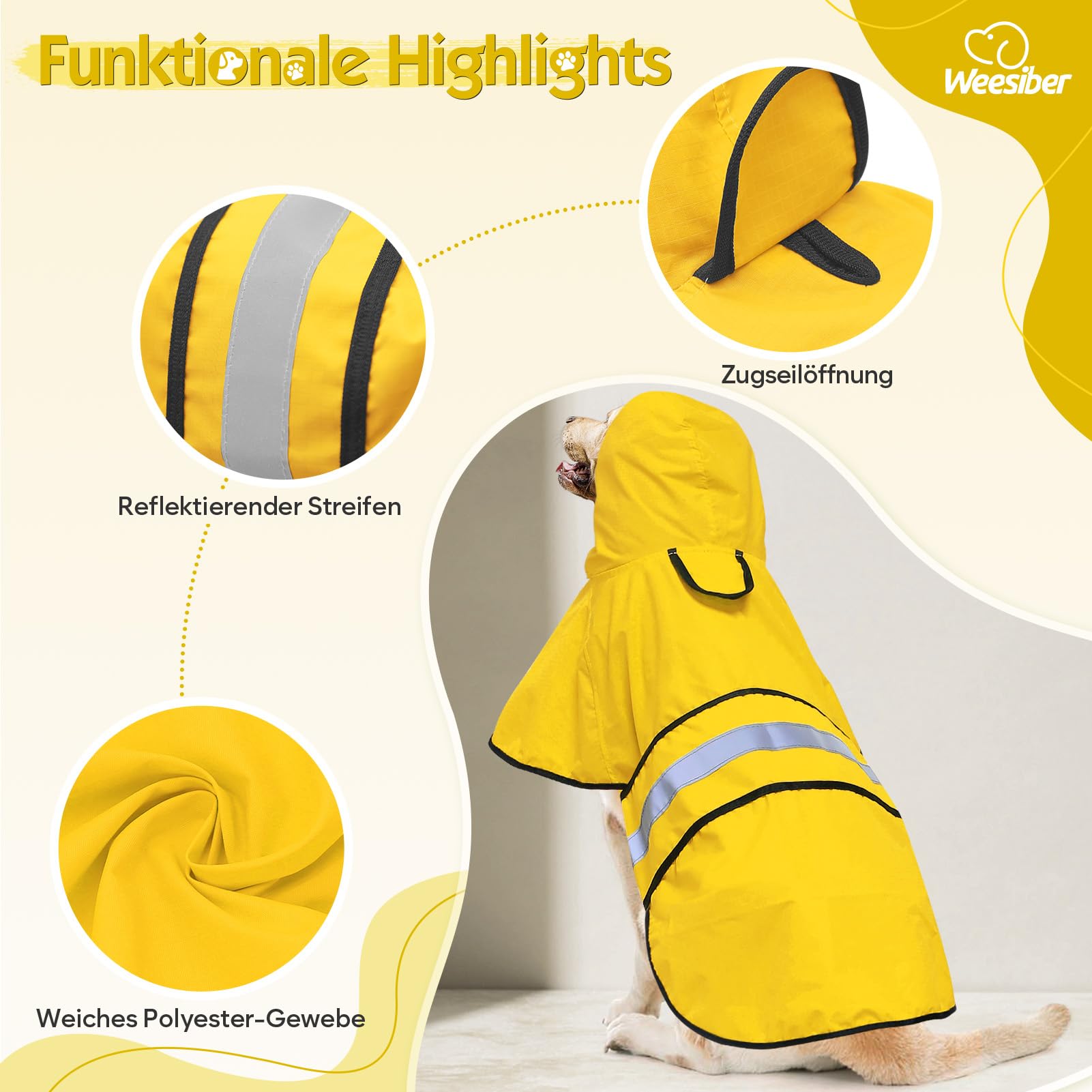 Weesiber Manteau de Pluie Imperméable Réfléchissant pour Chien, Étanche Ultraléger et Aéré, Veste Ajustable pour Animal de Compagnie, Poncho pour Chien(S,Jaune)