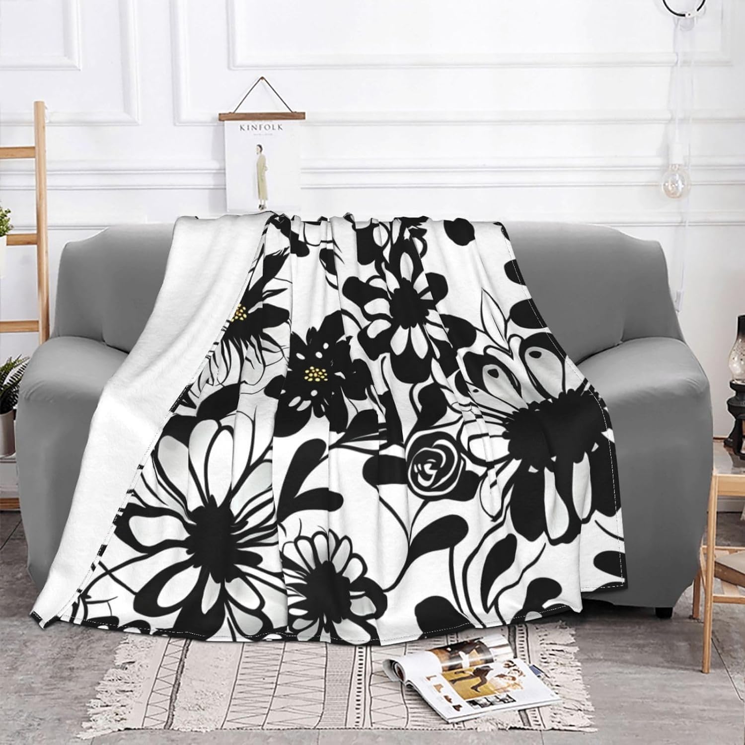 Couverture polaire flanelle anti-froid - Plaid floral noir et blanc doux et chaud pour canapé