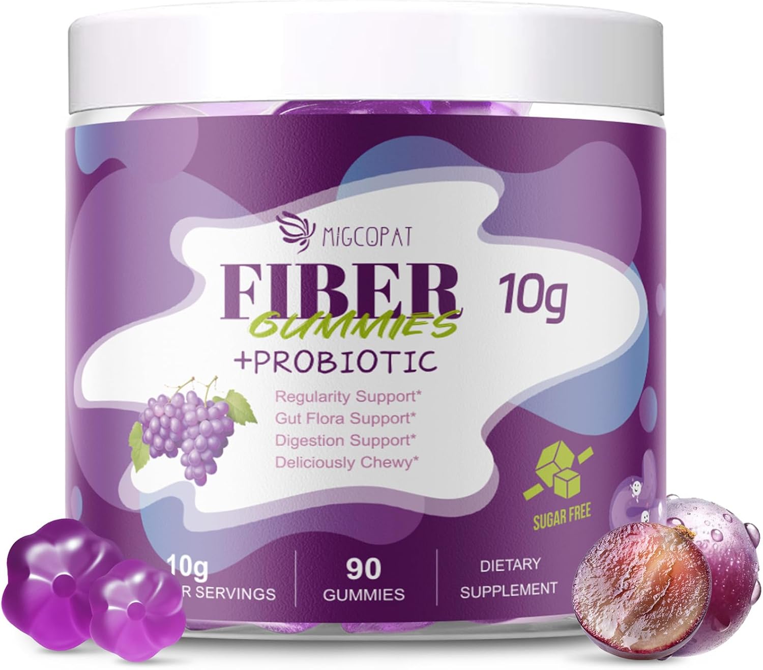 10G Fiber Gummies for Adults, No Sugar Added Grape Flavor, Fiber Supplement with 30 Billion CFU