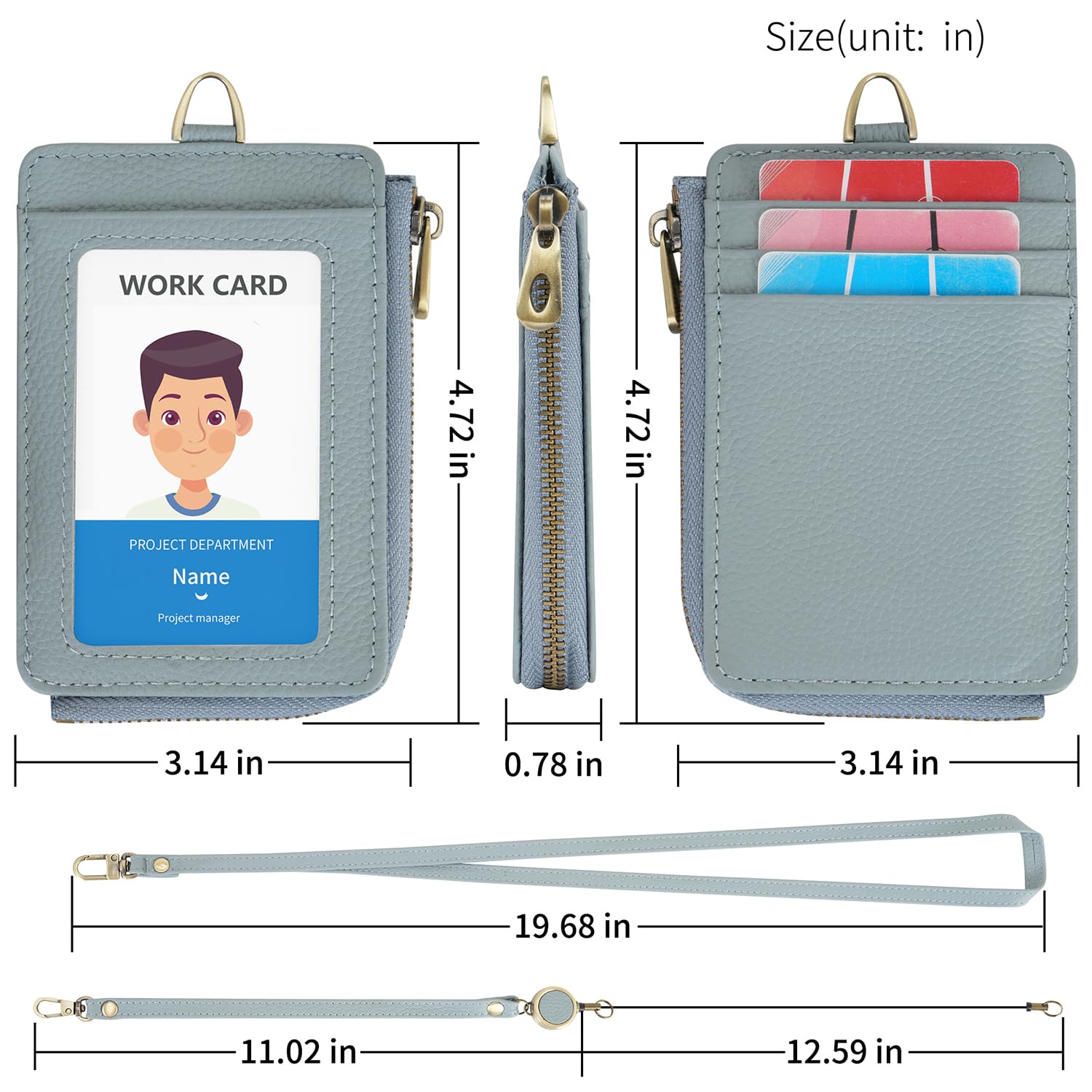 Wason Real Leather Badge Holder with Zipper Wallet, Detachable Neck Lanyard, Hand Strap, Retractable Badge Reel - Image 2