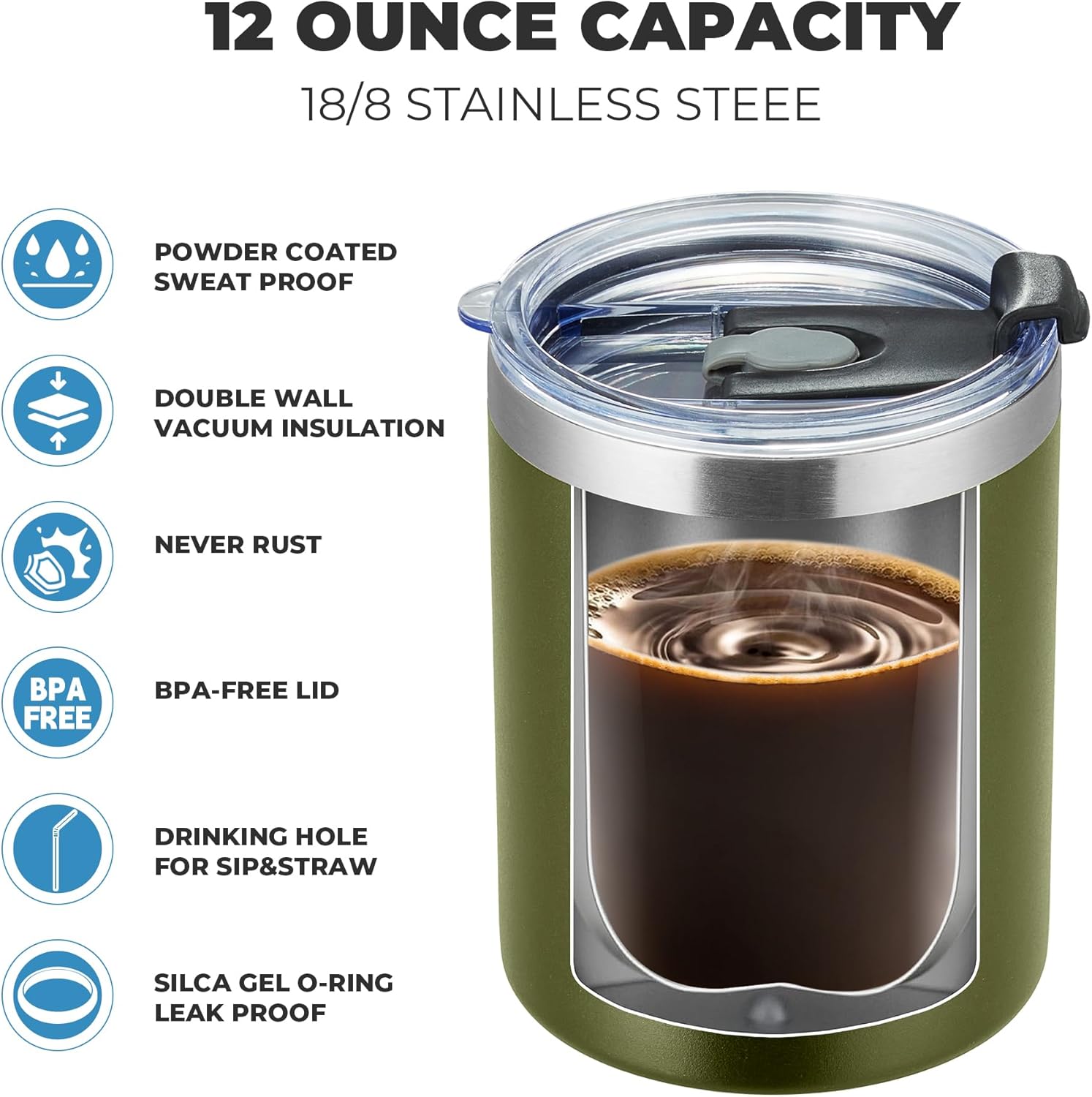 MEWAY 12oz/8Pack Coffee Mug With Lid, Insulated Stainless Steel Reusable Coffee Cup, Double Wall Durable Coffee Mug, Powder Coate,For Coffee, Beer, Home, Office(Army Green,8 Pack) - Image 4
