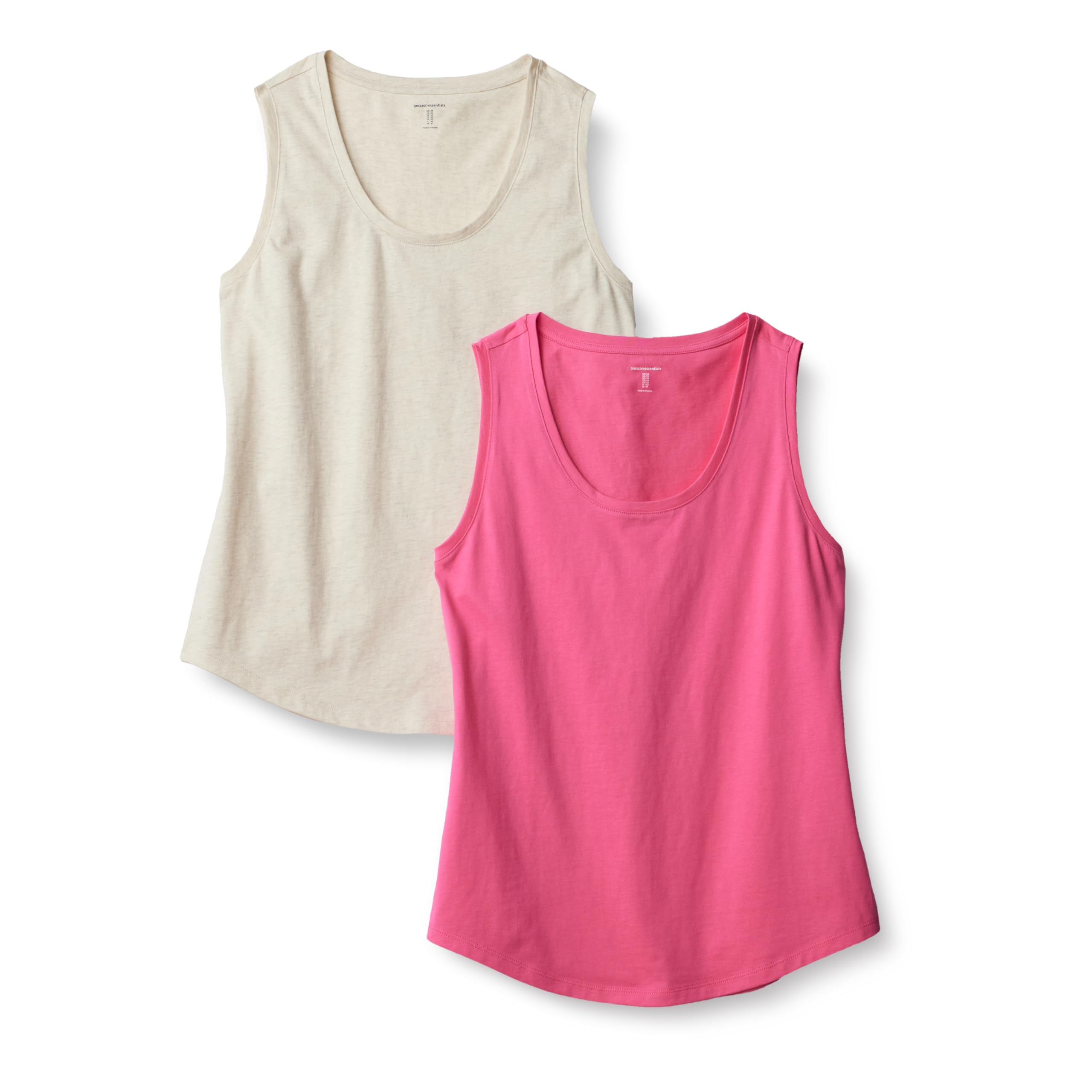Amazon Essentials Women's Regular-Fit 100% Cotton Sleeveless Tank Top, Pack of 2, Hot Pink/Oatmeal Heather, X-Small