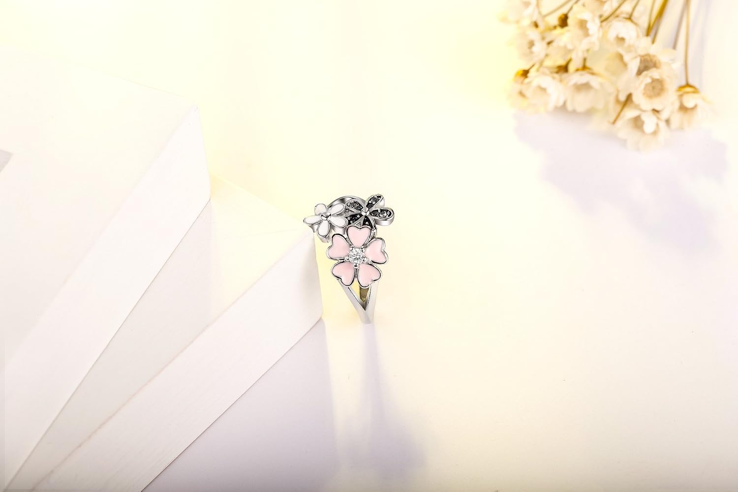 XIALV Fashion 925 Sterling Silver Plated Rings Pink White Enamel Blossom Flower Ring ，Women' Engagement Ring Jewelry Gift (US Code 8)
