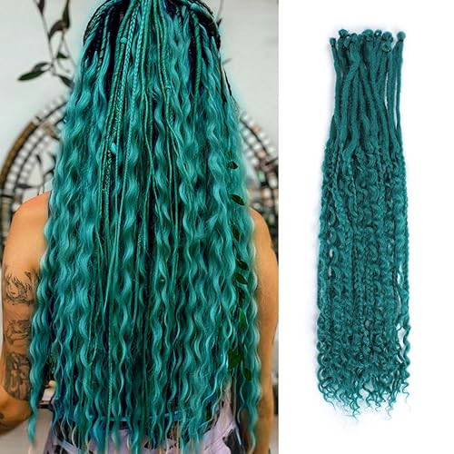 Miniatura 8 de Extensiones de rastas individuales de 24 pulgadas, color verde castleton, juego de rastas sintéticas rizadas, estilo hippie, rastas onduladas, 30