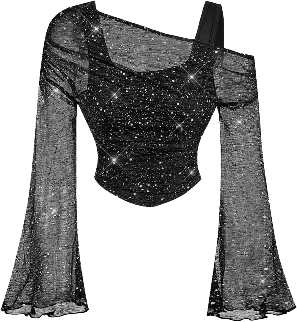 OYOANGLE Women's Sequin Mesh Long Bell Sleeve 2 in 1 Mesh Top Asymmetrical Neck Fitted Party Crop Tops