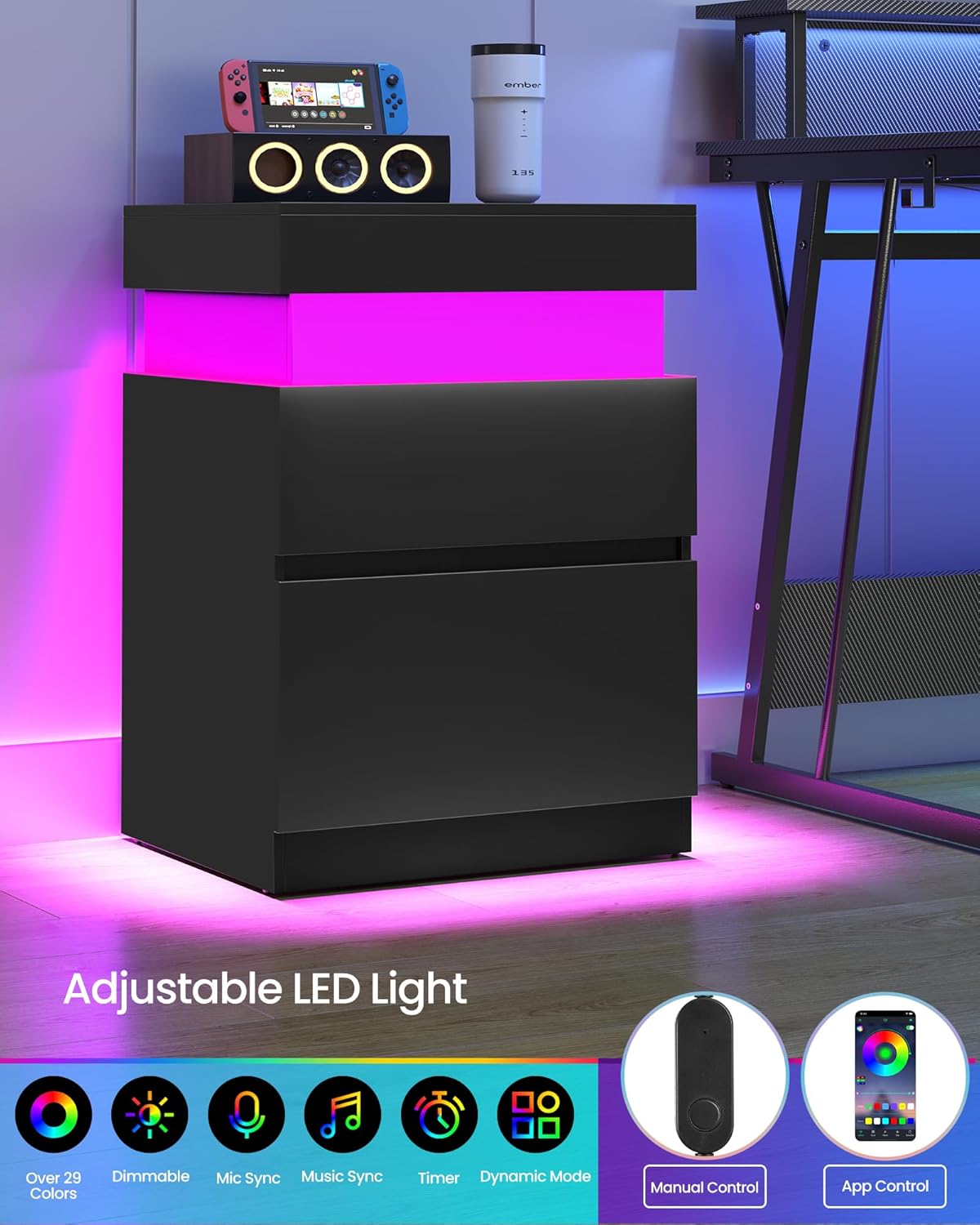 VASAGLE Kailyn Collection - Nightstand with Power Outlets, Sliding Lid, Modern Bedside Table with LED Lights, End Table, 2 Drawers, 15.7 x 18.9 x 26.8 Inches, Ink Black ULET650BC01S