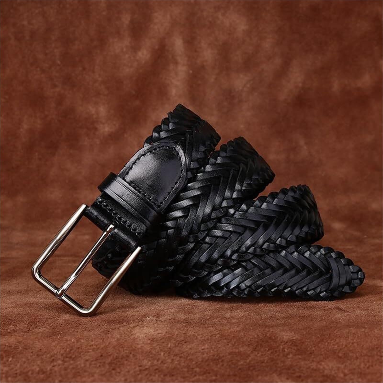 Cinturón trenzado de piel vaca for mujer, 3, cm ancho, hecho a mano, con hebilla aleación for vaqueros, pantalones y vestidos