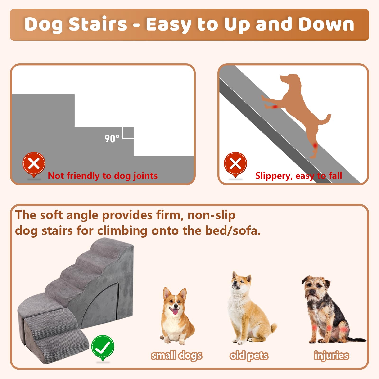 Escalier Robuste Pour Chien, 5 Marches Avec Fond En Caoutchouc Antidérapant En Mousse à Mémoire De Forme, Housse Amovible Et Lavable Pour Animaux De Compagnie Plus Petits Et Plus âgés