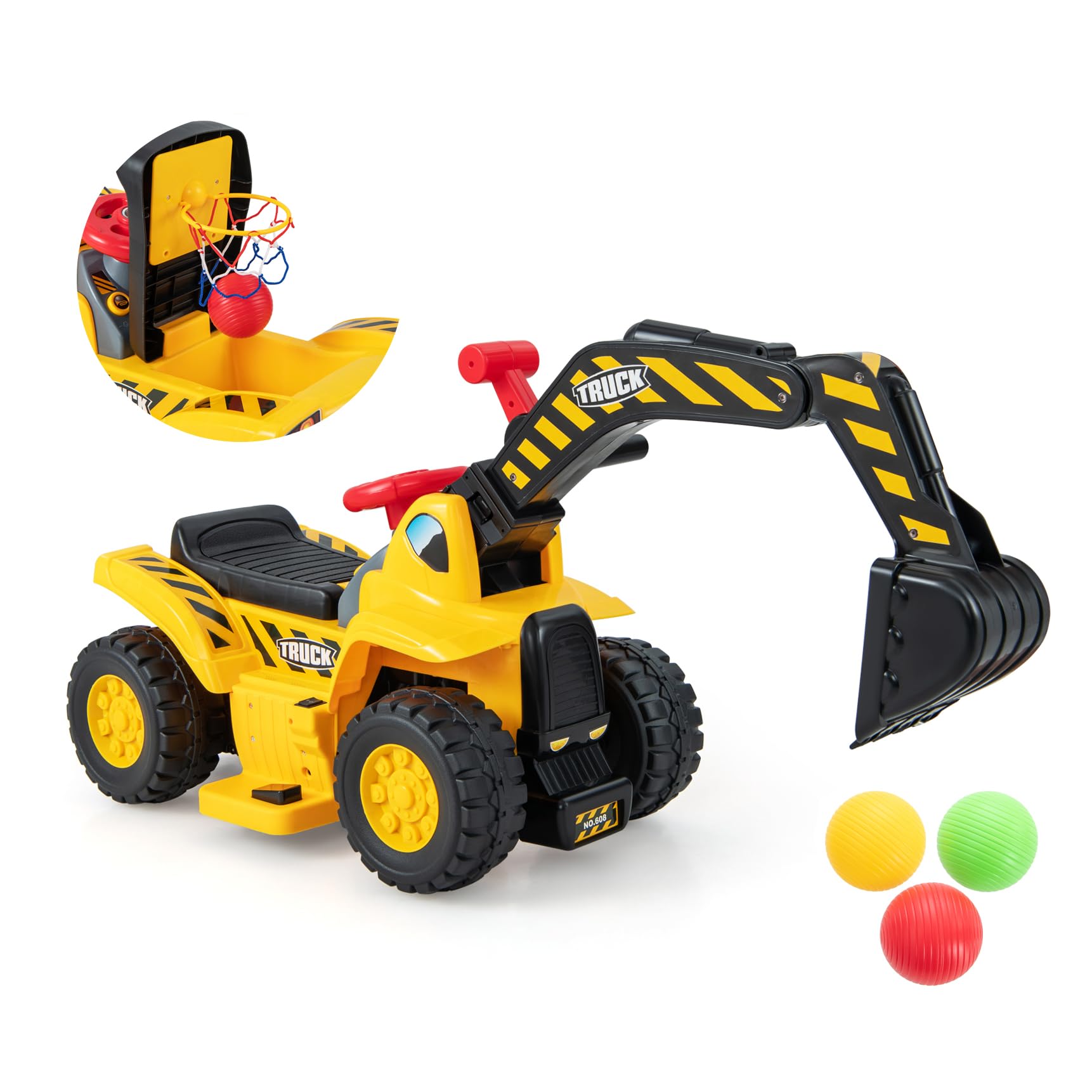 COSTWAY Elektro Bagger, Sitzbagger mit Hupe & Sound, für Kinder ab 2 Jahre | Stauraum unter den Sitz, Kinderbagger mit Basketballkorb, Bagger zum draufsitzen, 6V Sandbagger Aufsitzbagger, inkl. 3 Bälle