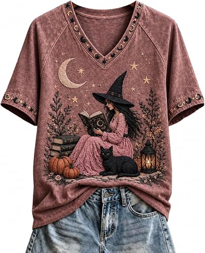 Halloween Witch Shirts for Women with Pink Dress Black Cat P