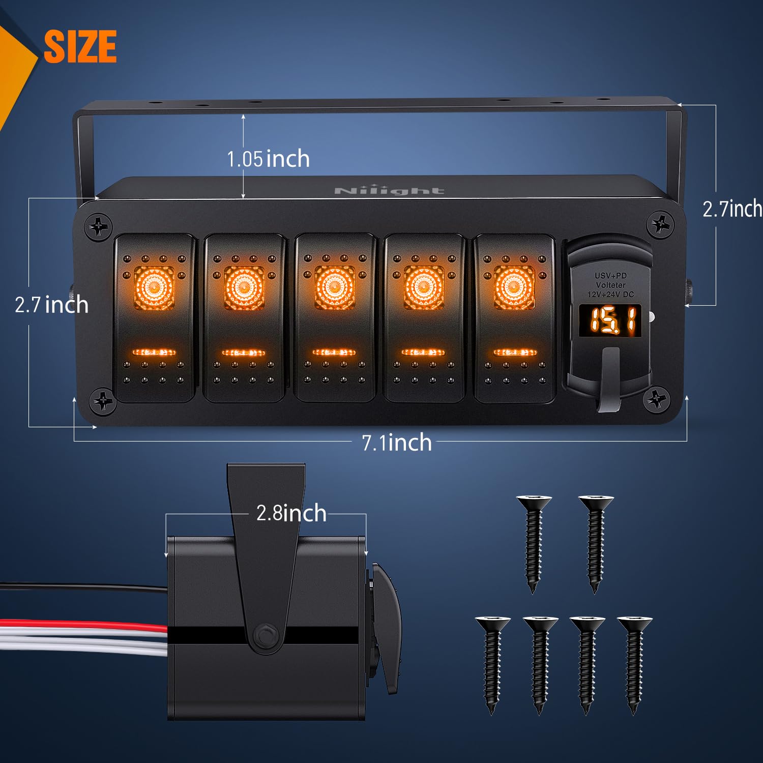 Nilight 5 Gang Rocker Switch Box 12V SPST ON Off Toggle Switches PD Type C and QC 3.0 USB Sockcet Voltmeter LED Light Waterproof Aluminum Mount Bracket Panel DIY Stickers for Boat Car RV Truck