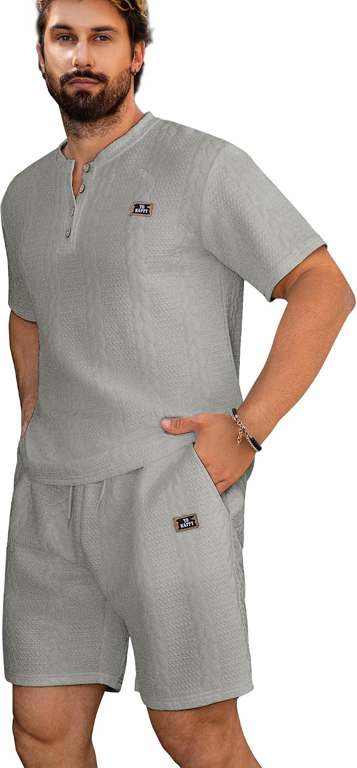 men's short-sleeved shorts two-piece men's sportswear summer shirts shorts striped jacquard solid color two-piece set