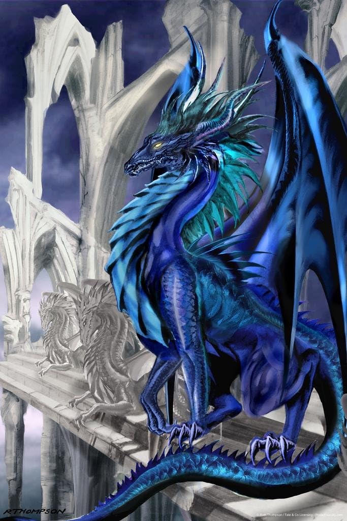 Nightfall Blue Dragon Sitting by Ruth Thompson Fantasy Poster Building Ruins Old Gothic Church Cool Wall Art Print Poster 24x36