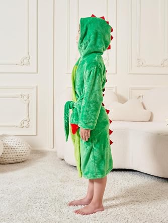 LOLANTA Kids Robe Boys Girls Dinosaur Plush Fleece Hooded Bathrobe with Belt Animal Soft Sleepwear