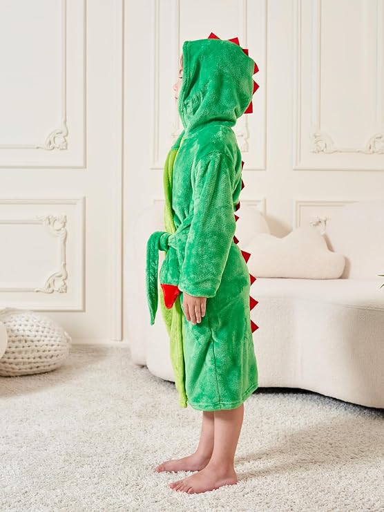 LOLANTA Kids Robe Boys Girls Dinosaur Plush Fleece Hooded Bathrobe with Belt Animal Soft Sleepwear
