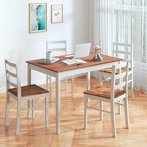 Miniatura 7 de NAFORT Juego de mesa de comedor para 4, mesa de cocina y sillas de madera maciza, juego de comedor de estilo granja con delantal, patas de madera de