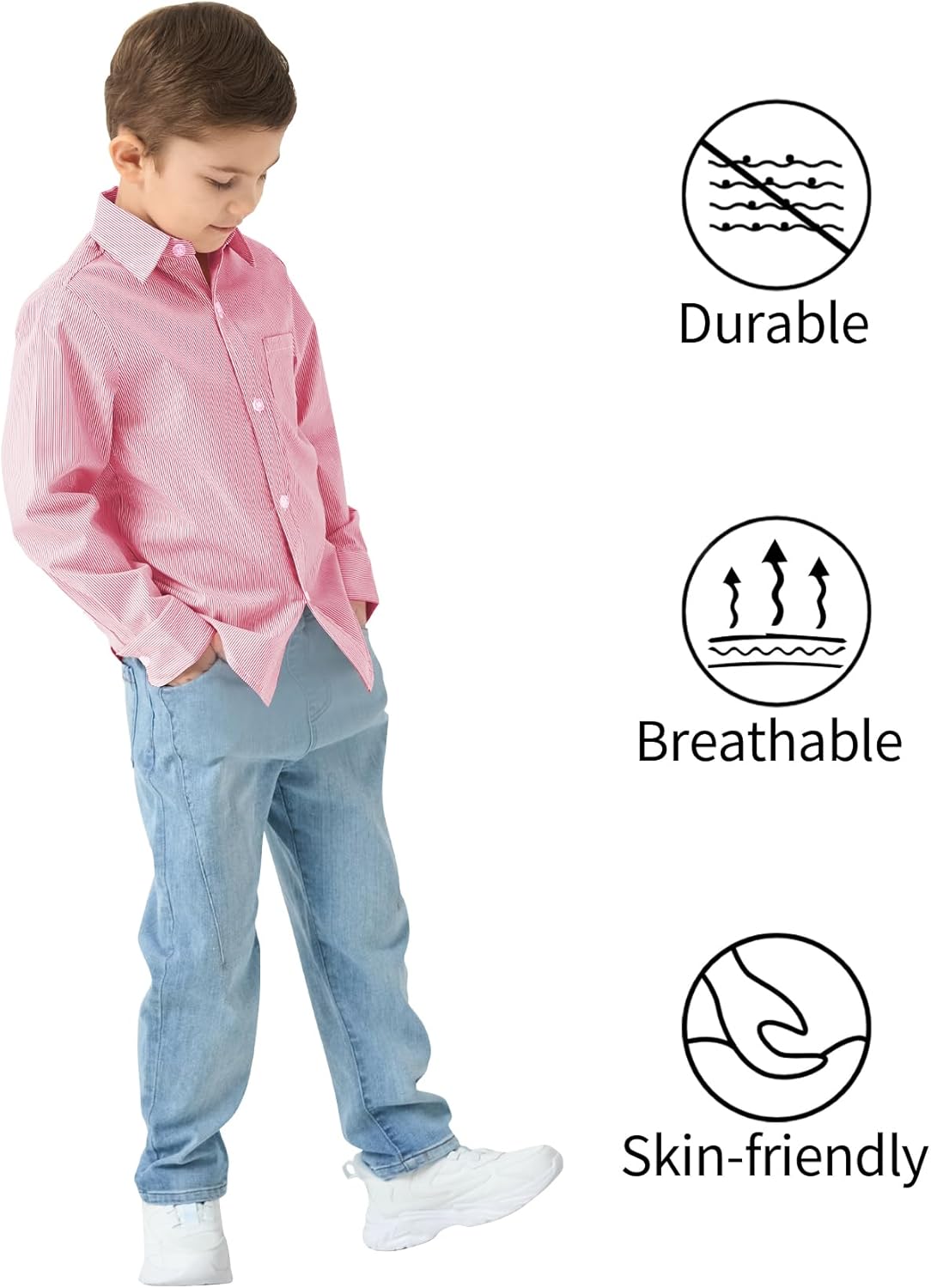 QBK Boys' Long Sleeve Button Down Shirts Oxford Dress Shirt Boys Striped Shirt for 2T-16 Years - Image 5