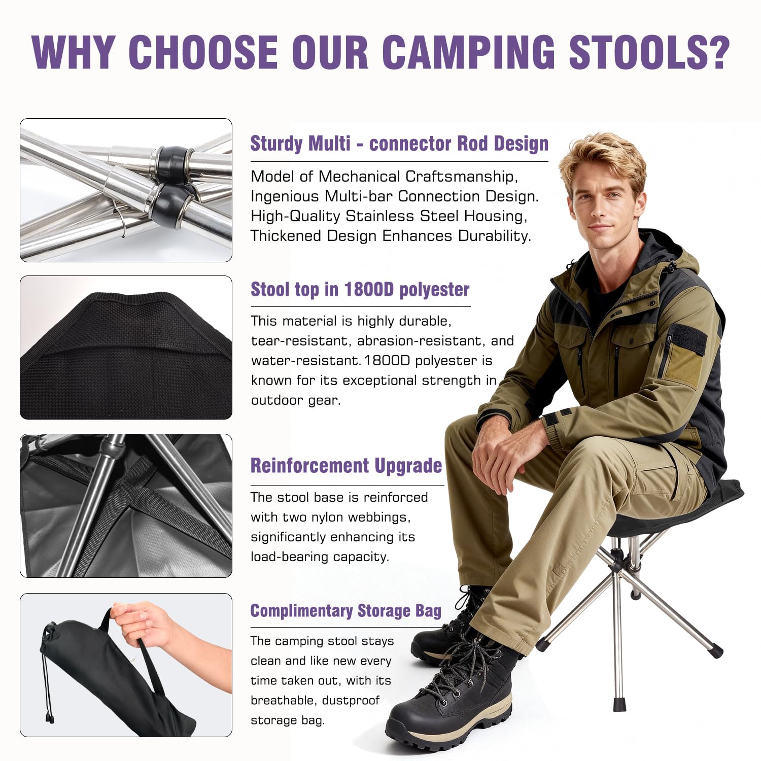 Sgabello da campeggio ultraleggero, capacità 117,9 kg, altezza espansa, 0,5 kg, ultraleggero e impermeabile, installazione rapida a 1 trazione per campeggio, escursionismo, pesca, barbecue e
