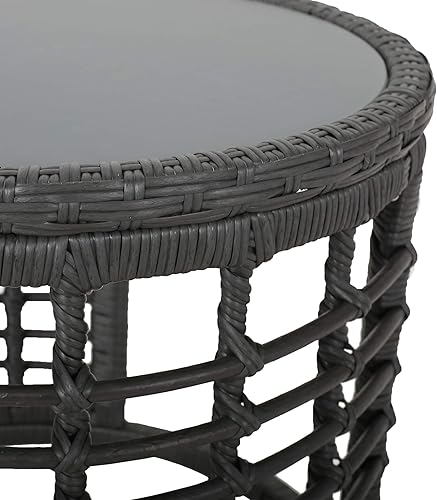 Vista 17 de GDFStudio Amanda - Mesa auxiliar de mimbre estilo bohemio para exteriores con parte superior de vidrio templado, color marrón claro