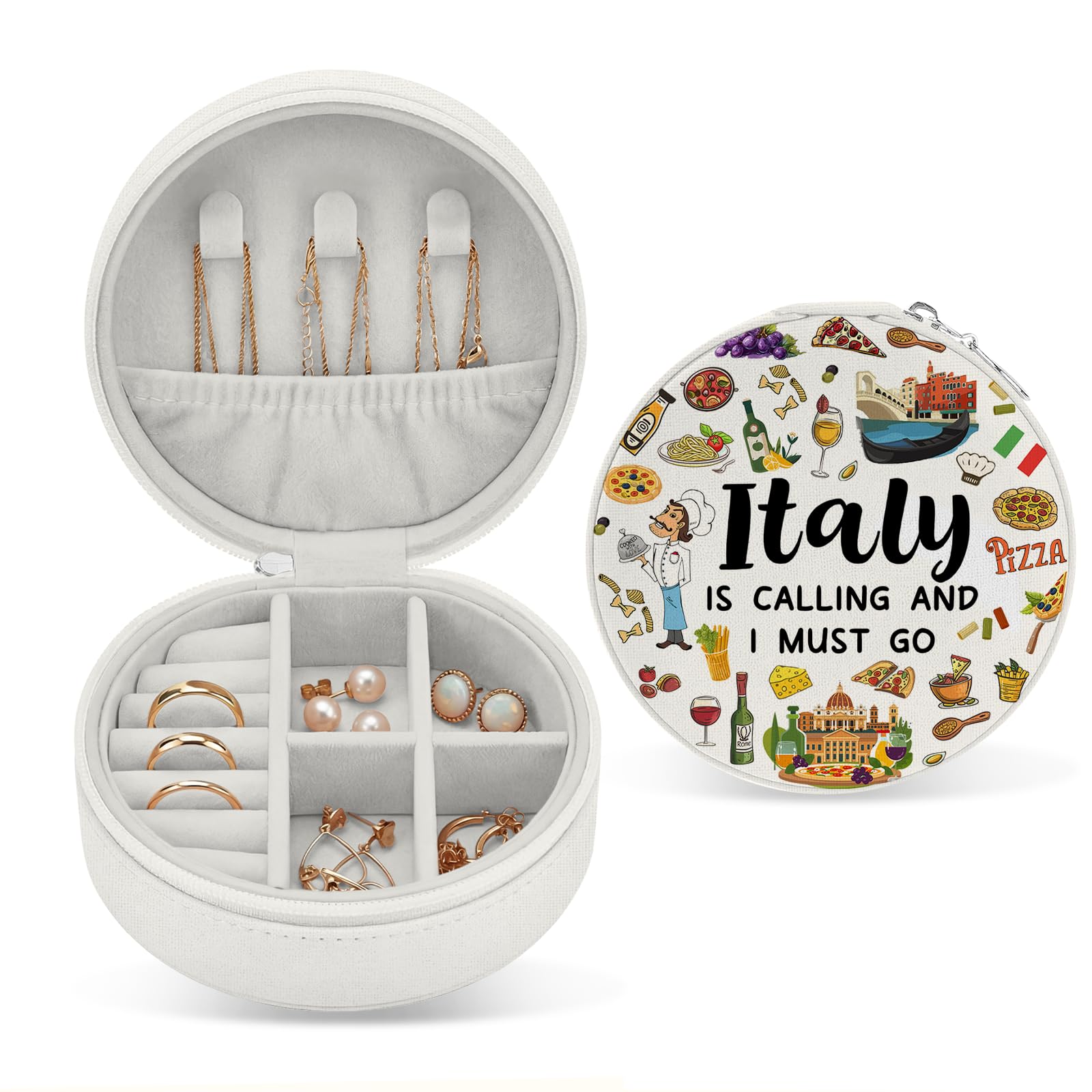 Ceasqvaa Women's Italy-Round Italy Travel Jewelry Box For Italy Lover Themed Gifts For Traveller Friends, Italian Trip Essentials Small Travel Jewelry Case Organizer