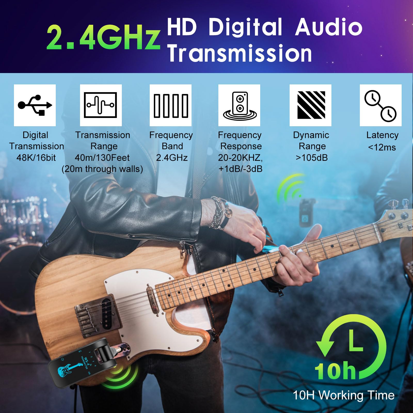 Système de guitare sans fil 2,4 GHz 8 canaux rechargeable audio sans fil émetteur récepteur pour guitare électrique, basse et instruments à vent électriques