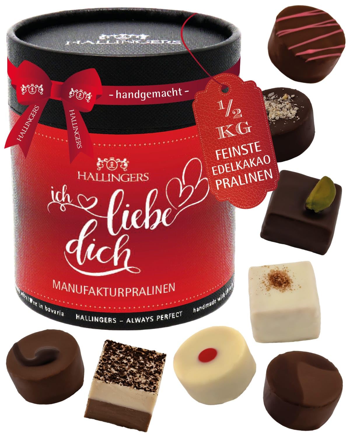 Hallingers Genuss Manufaktur Pralinen Valentinstagsgeschenk - ohne Alkohol, handmade aus Confiserie-Edelkakao in wertiger XXL-Geschenkdose "Ich liebe Dich", Valentintstag für Frauen Männer