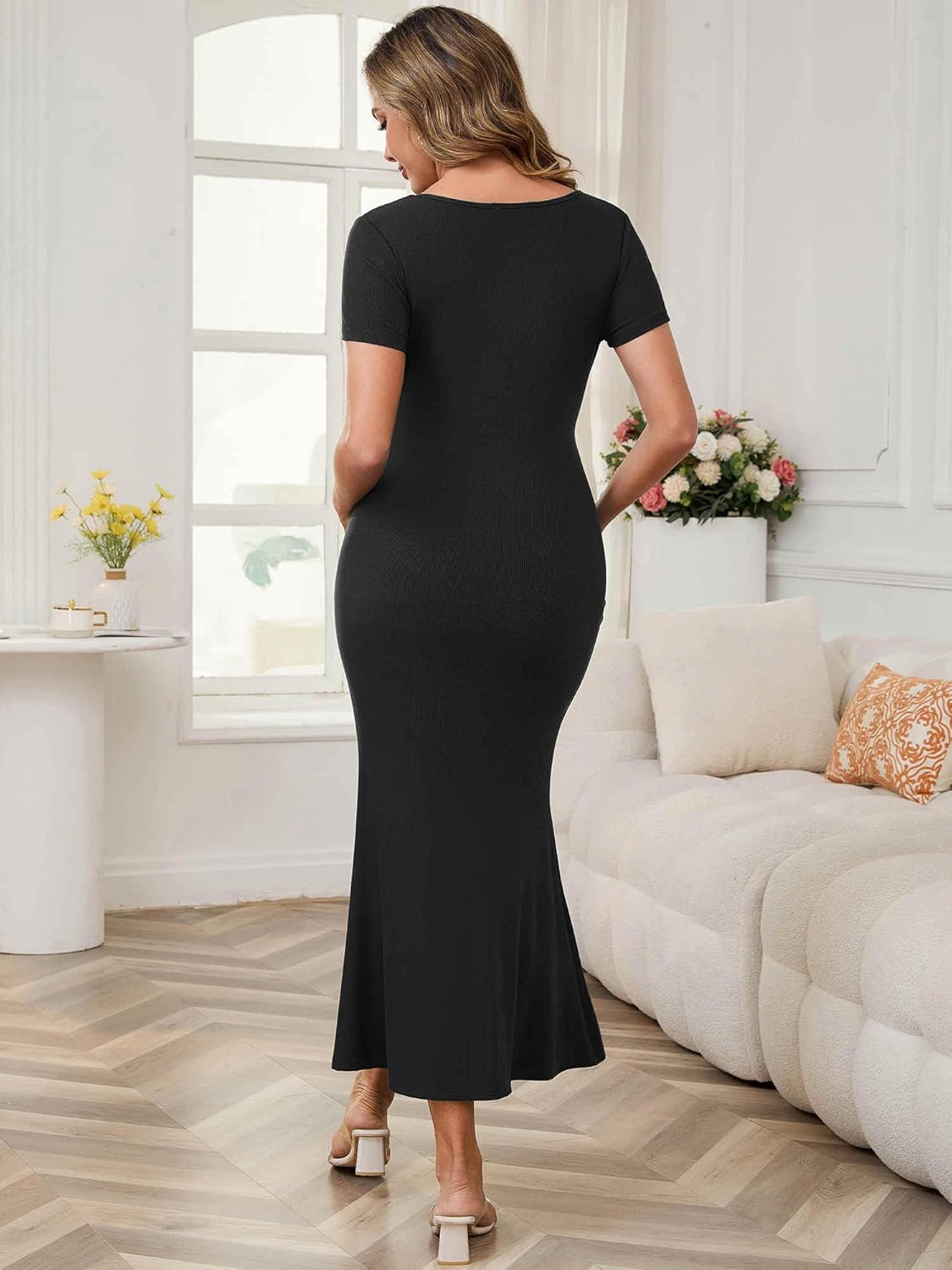 Womens Maternity Dress Bodycon Fitted Stretchy Ribbed Mermaid Midi Summer Pregnancy Dresses for Wedding Guest