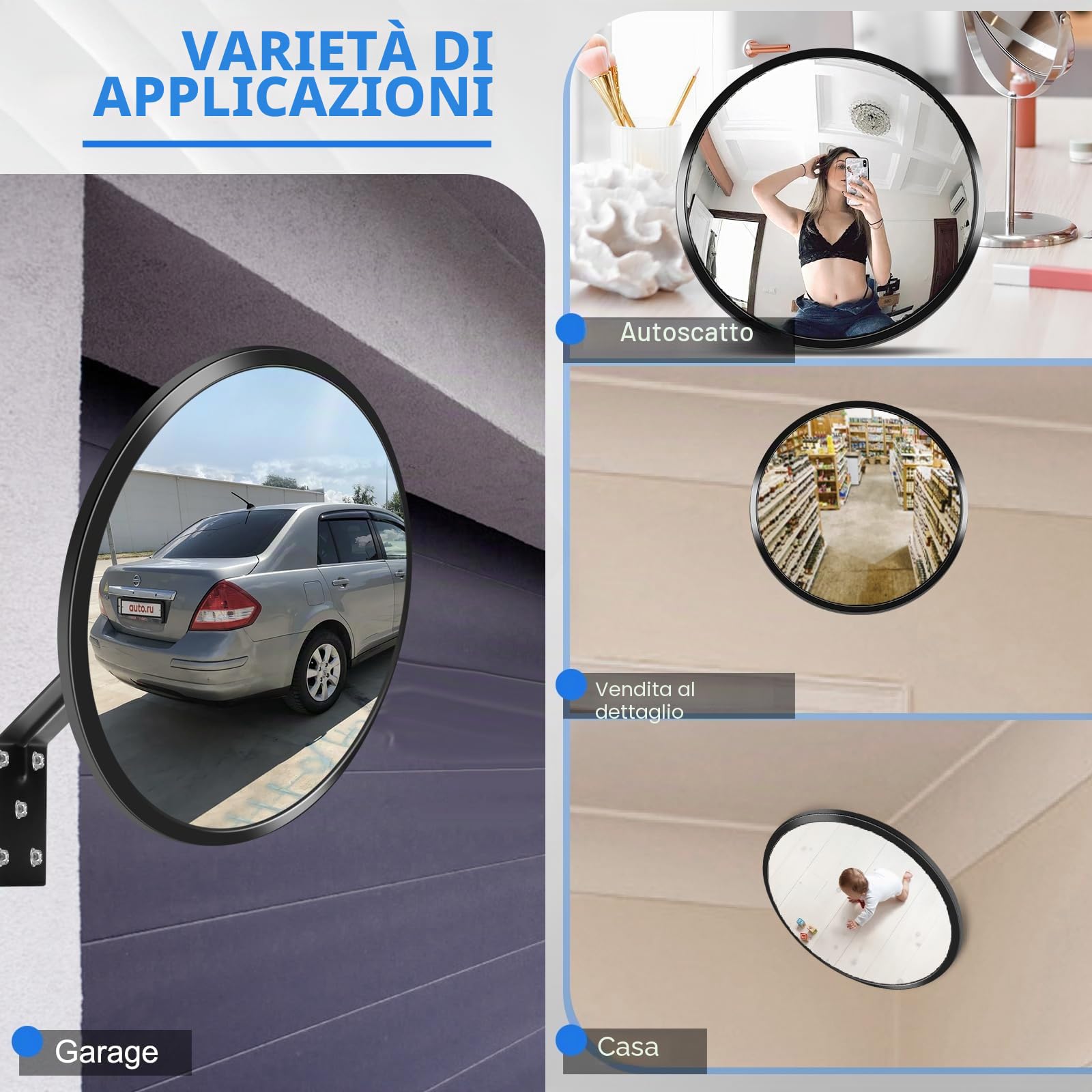 moveland 2 specchi per garage – Specchietto convesso regolabile 30 cm – Specchietto grandangolare – Specchietto parabolico acrilico – per garage, traffico, vialetti, ufficio, cortile, magazzino