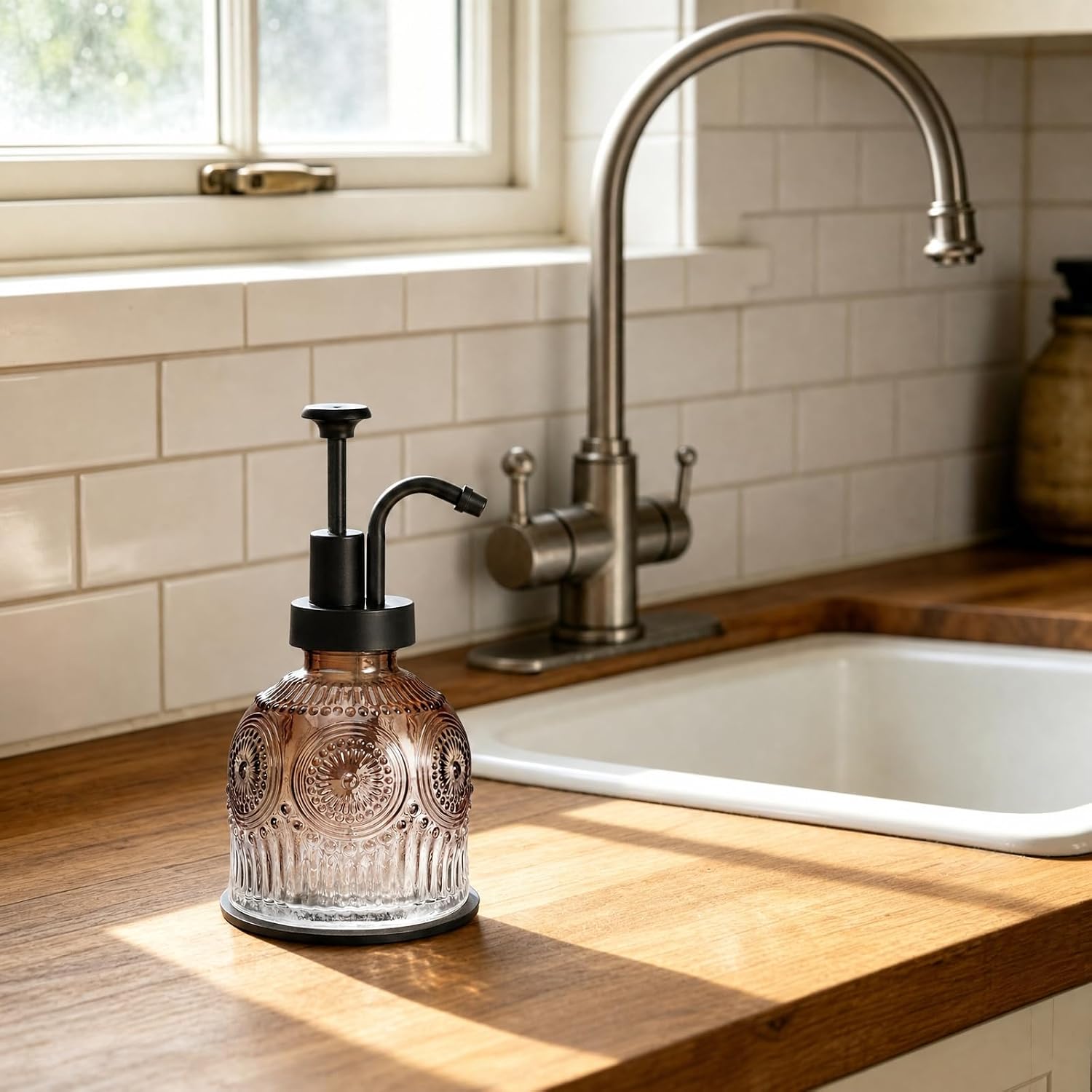 SheeChung 8oz Vintage Glass Soap Dispenser with Black Pump, Brown, 1 Pack image 5