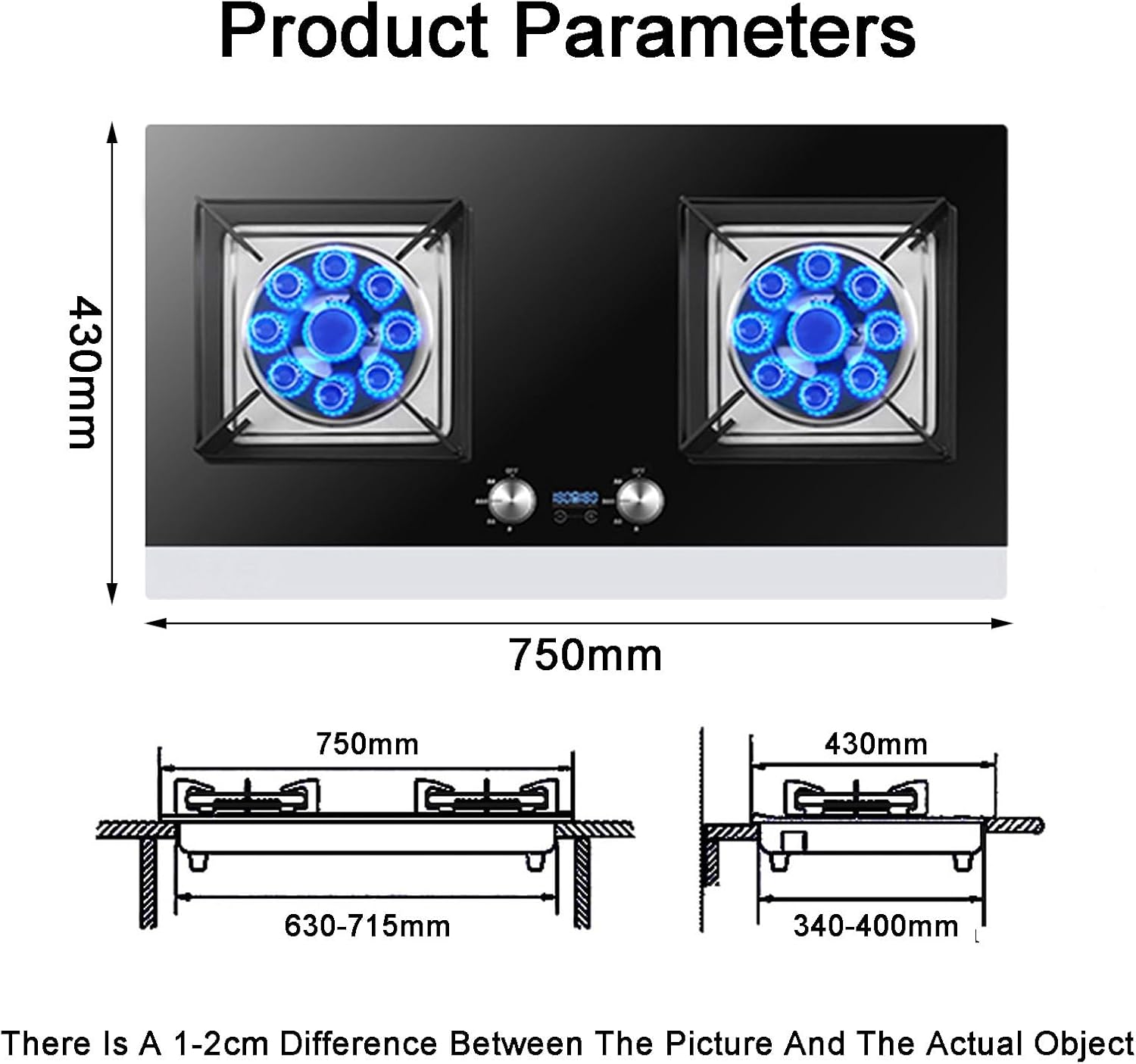 Gas Stove 75CM Gas Stove 2 Burners, 5.2KW 9 Cavity Timed High Fire, Black Tempered Glass Cast Iron Pot Holder, with Flameout Protection(LPG)