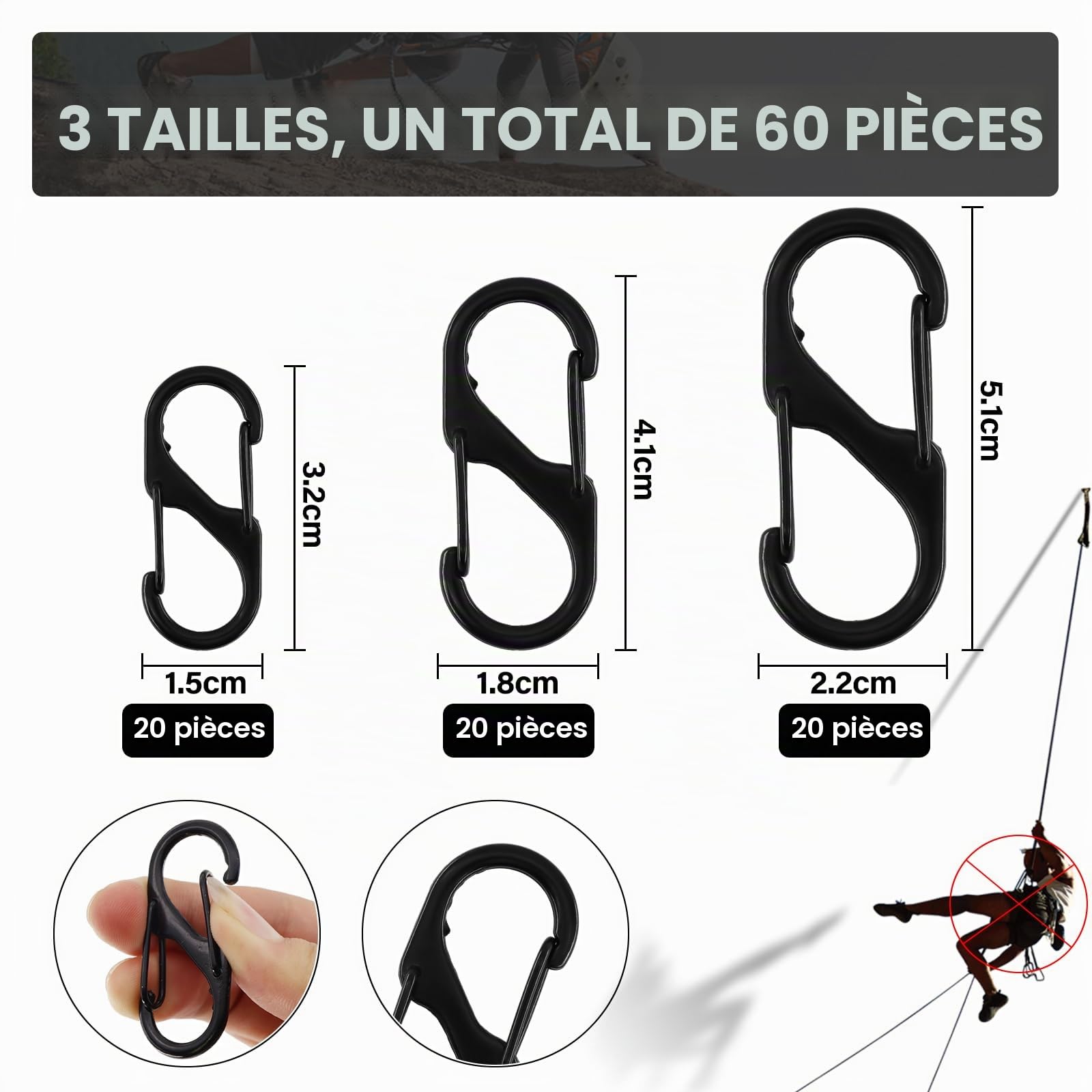 Lot de 60 mousquetons en forme de S - 50 mm/40 mm/32 mm - En métal antivol - Pour le camping en plein air, la randonnée, la suspension de clés - Noir