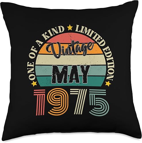 Vintage Birthday Retro Limited Edition Retro Gifts 49 Year Old Vintage May 1975 49th Birthday Retro Throw Pillow, 18x18, Multicolor