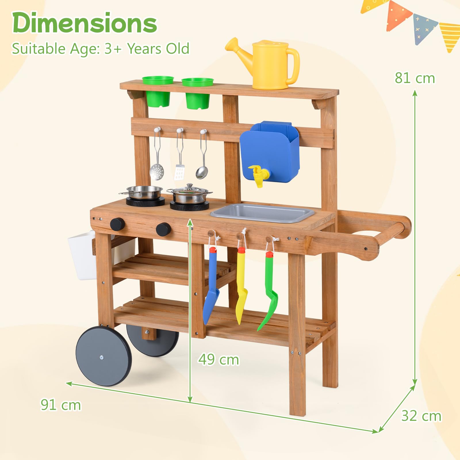 COSTWAY Matschküche Kinder Outdoor, Spielküche mit Wassertank & Wasserhahn | Kinderküche mit Rädern, Spüle, 2 Blumentöpfen, Gartenspielzeug & Kochzubehör, Gartenspielküche für Kinder ab 3 Jahren