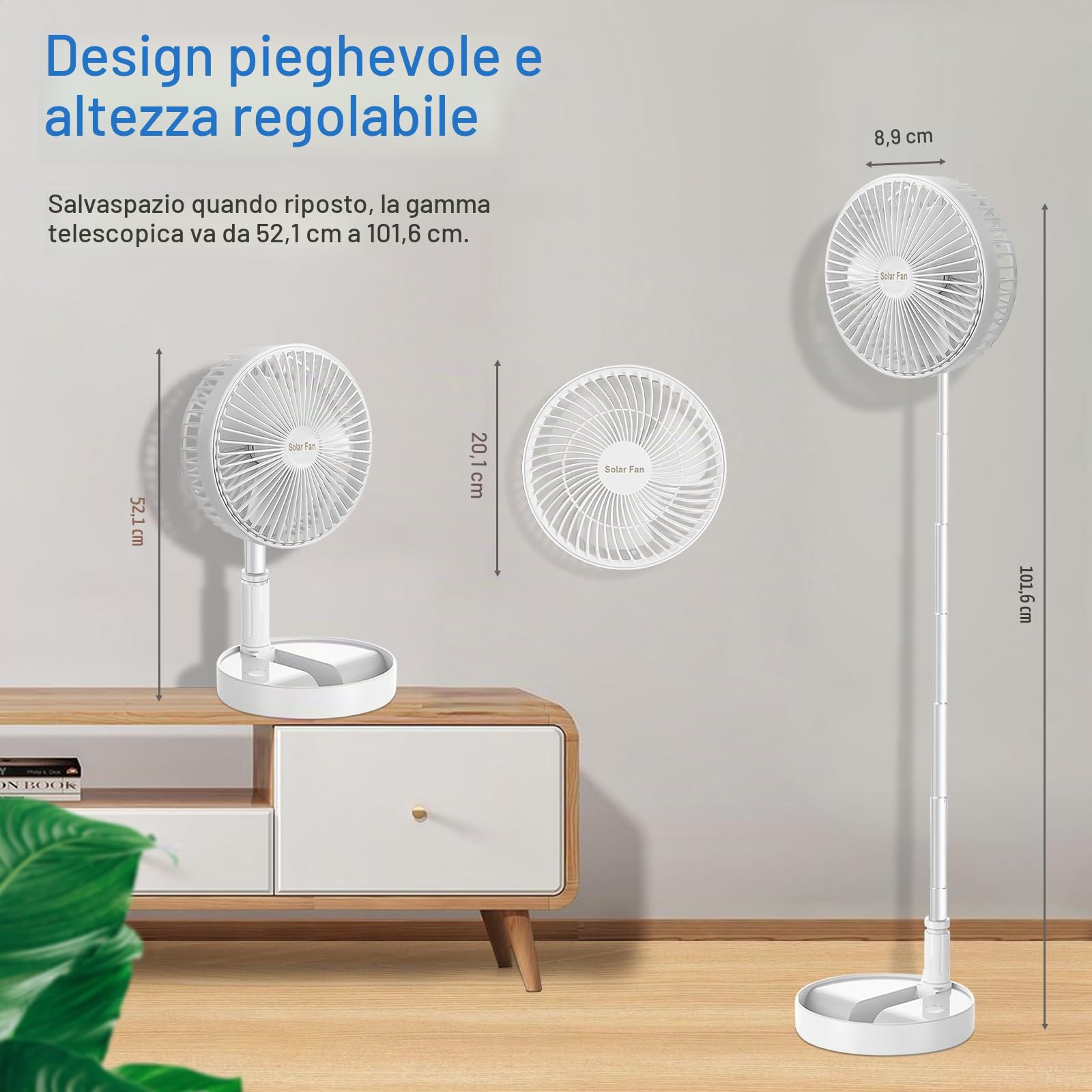 Ventilatore a Piantana Silenzioso Portatile, Ventilatore da Tavolo Alimentata Solare e a Batteria 5200mAh, Ventilatore da Scrivania Altezza Regolabile Pieghevole per Ufficio Casa Campeggio