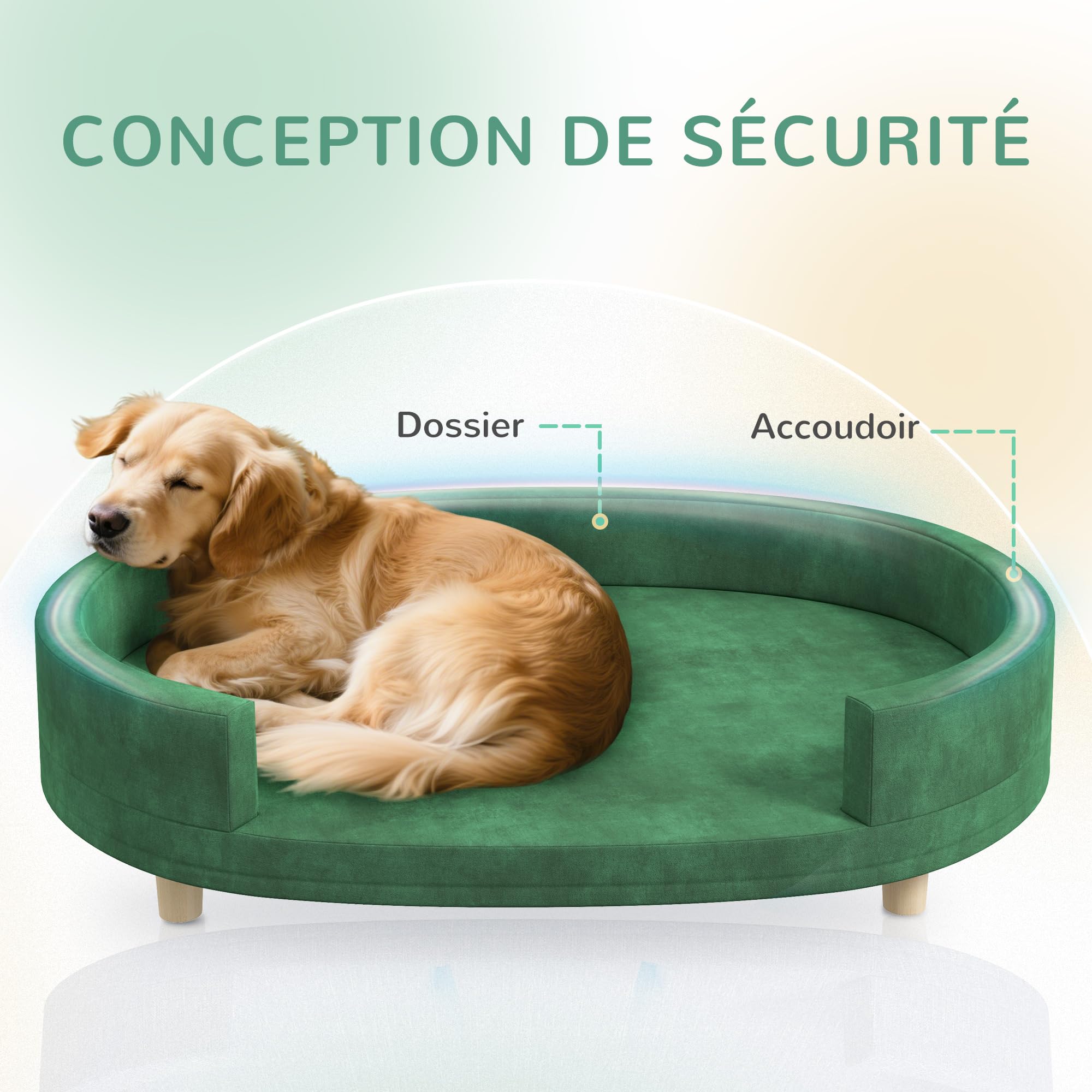 PawHut Canapé pour Chien, Sofa pour Chat, Fauteuil pour Chat, Surface en Velours Doux, avec Coussin Amovible, Pieds en Bois Massif, 100l x 70P x 25H cm, Vert