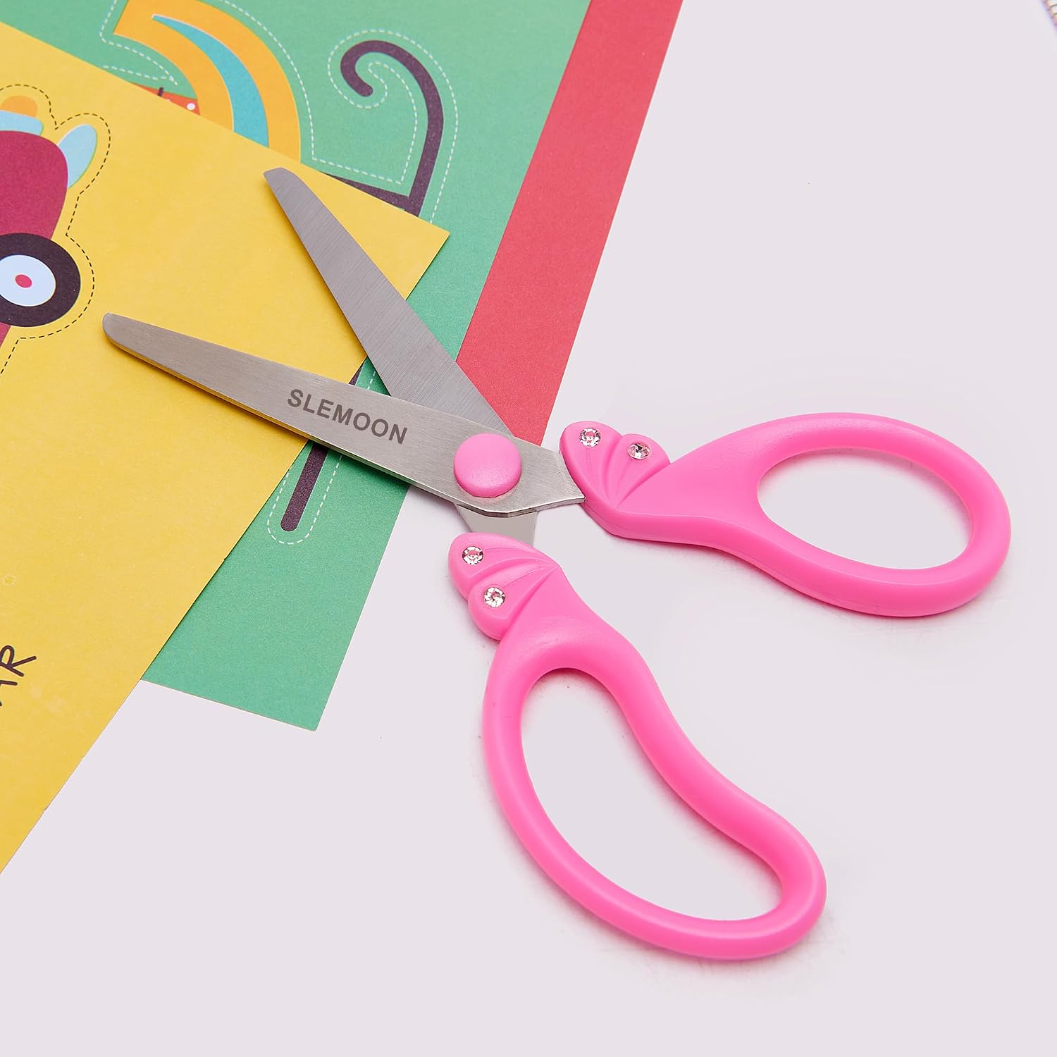 Scissors for Kids Ages 4-8,Blunt Tip Safety Toddler Scissor,Pink | Stainless Steel Blades, ABS Plastic School Craft Supplies, Art Projects (Princess Design with Rhinestones)