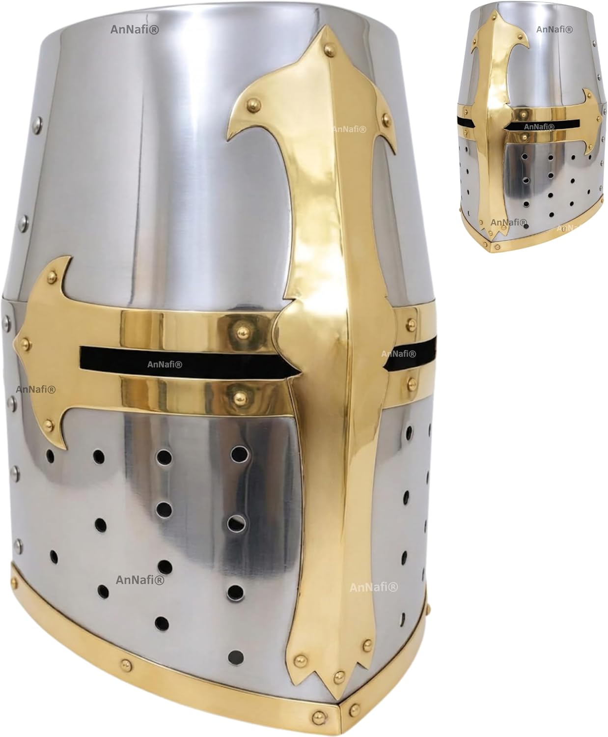 AnNafi® Medieval Knight Crusader Armour Helmet | Sugarloaf and Brass Design Templar Helmet | Greek Roman Spartan Helm | Wearable For Adult | Medieval Costumes | Medieval Helmets for Men