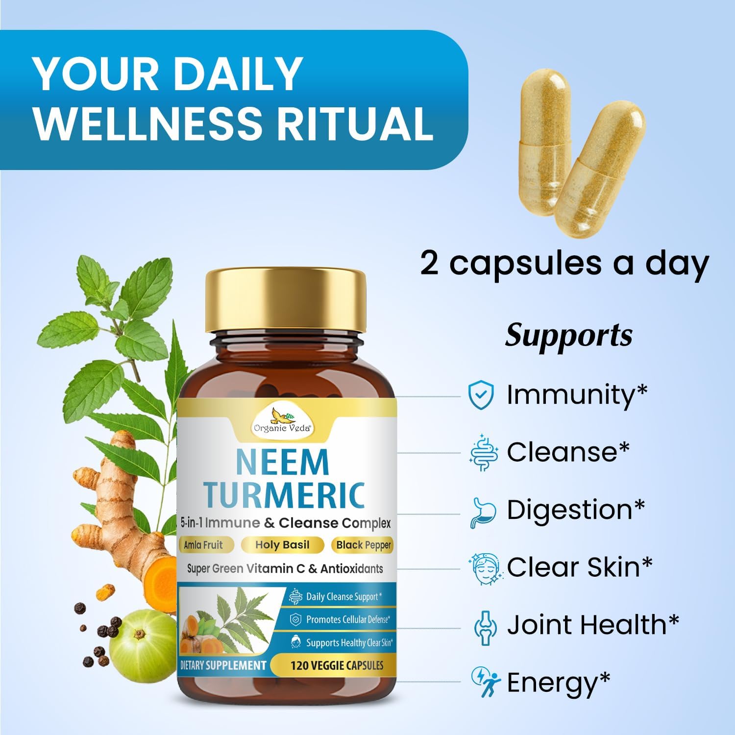 Organic Veda Neem Turmeric Capsules - 5 in 1 Herbal Complex with Amla Fruit, Holy Basil, Black Pepper - Immune, Cleanse, Skin & Gut Health Supplement with Vitamin C & Antioxidants 120 Vegan Capsules - Image 3