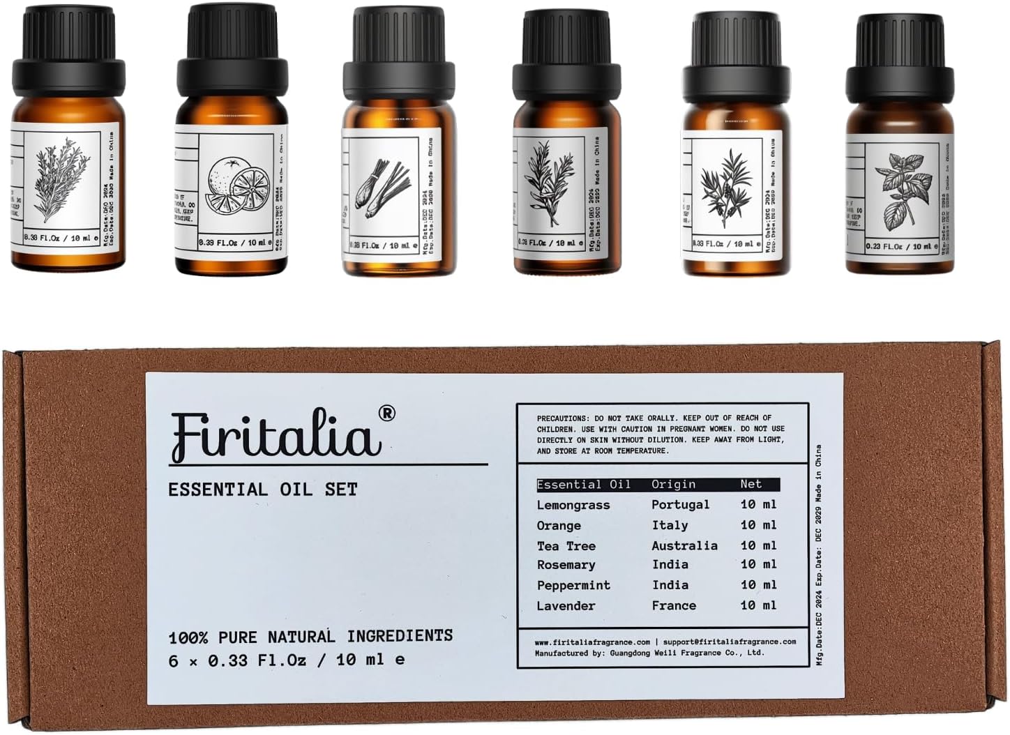 Natural Essential Oils Set – Pure Scents for Wellness: Lavender, Peppermint, Rosemary, Lemongrass, Orange, Tea Tree – 10ml Each