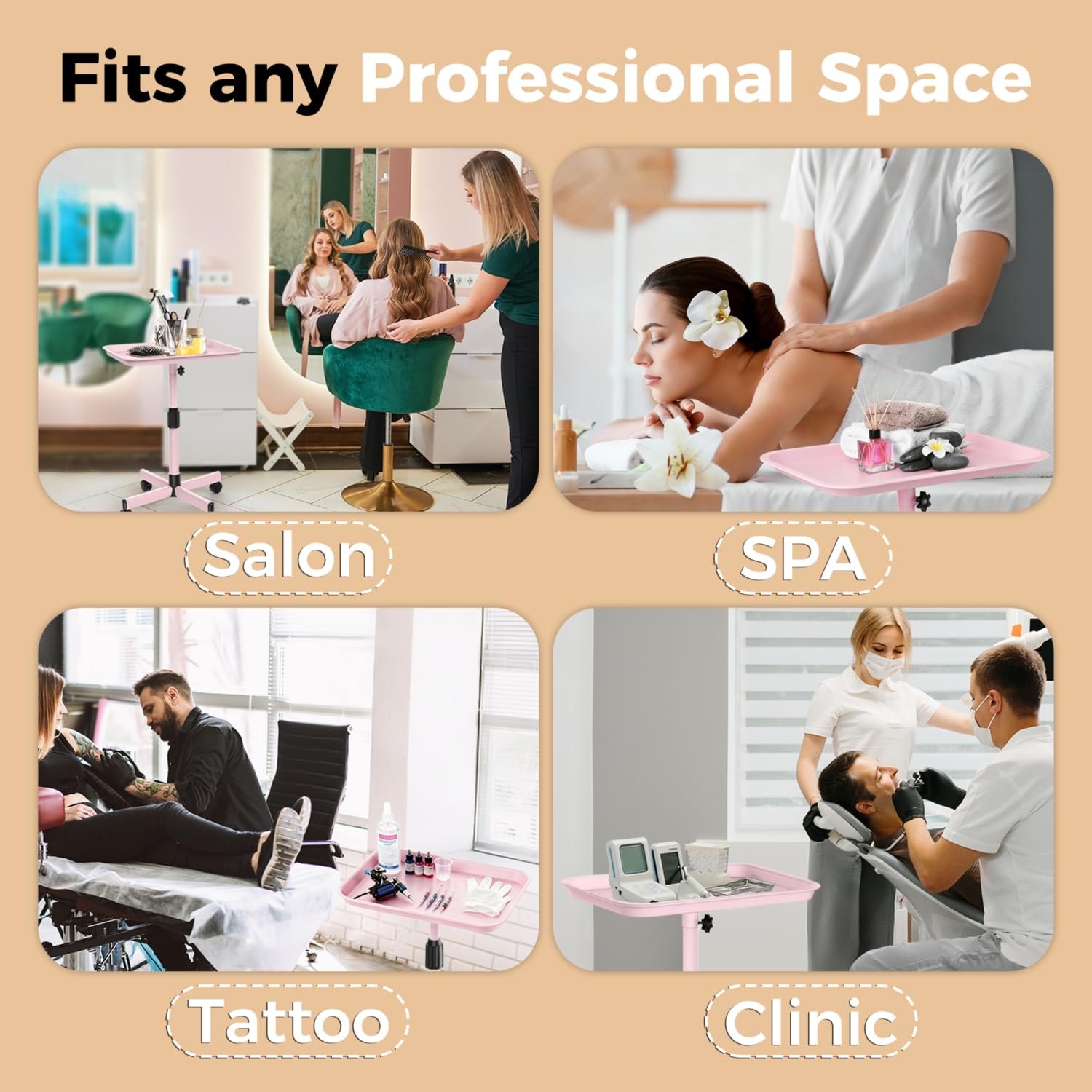 Pink Salon Tray Cart - Adjustable Height Tattoo Tray -6