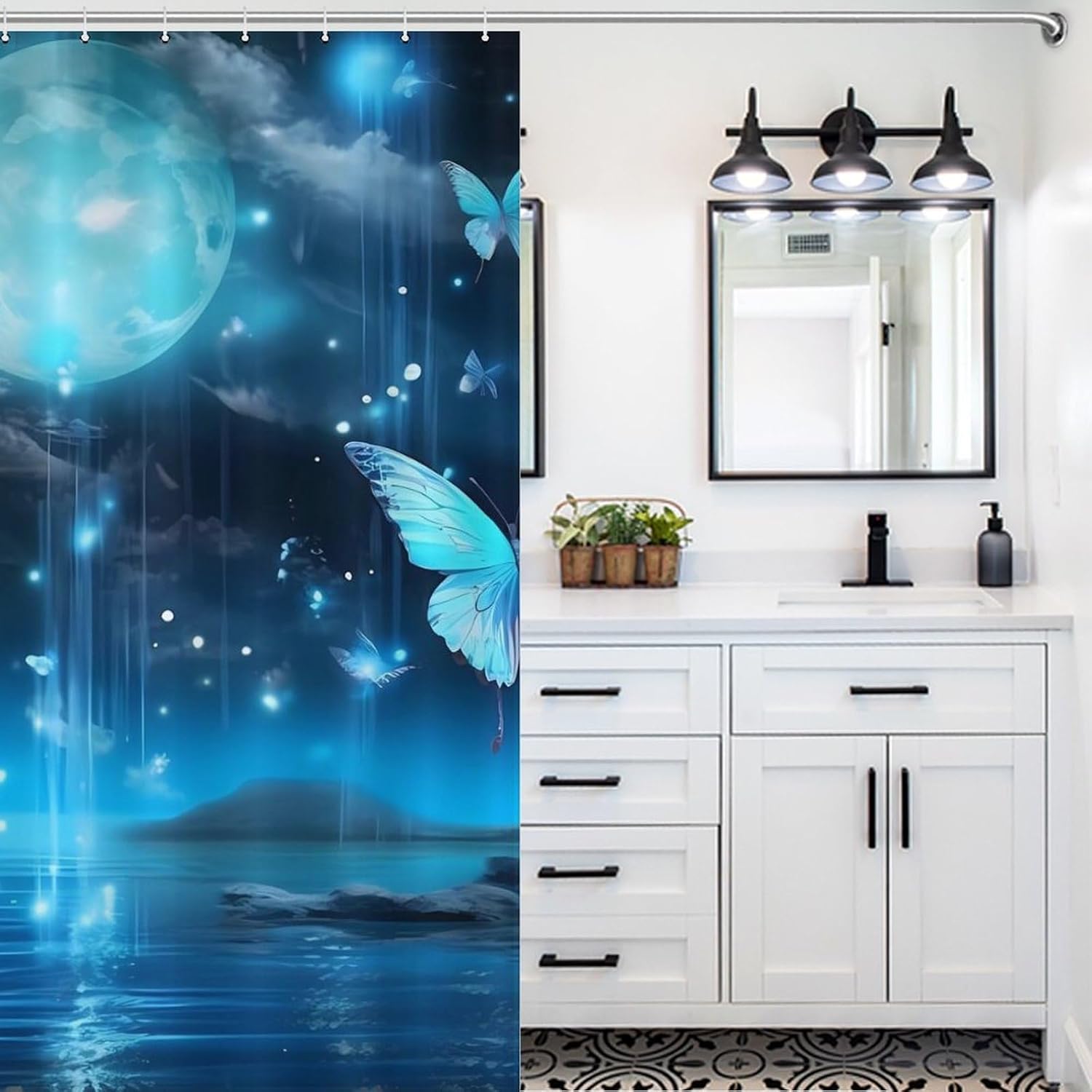 Psychedelic Teal Butterfly Full Moon Funny Shower Curtains Washable Bath Curtain Liner with Hooks for Bathroom Bath Tubs