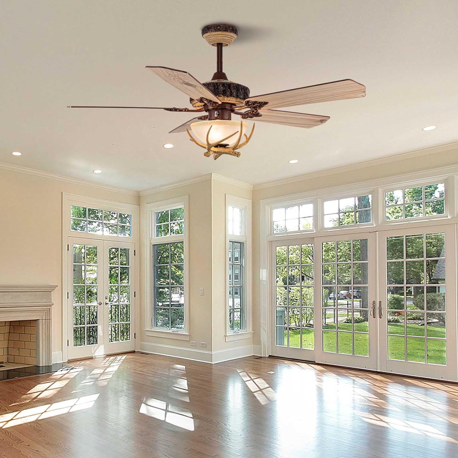 52inch modern rustic ceiling fan with light glass cover with unique antler finishsed 5 wood blades, chandeier fan light with remote for living room, bedroom,bronze