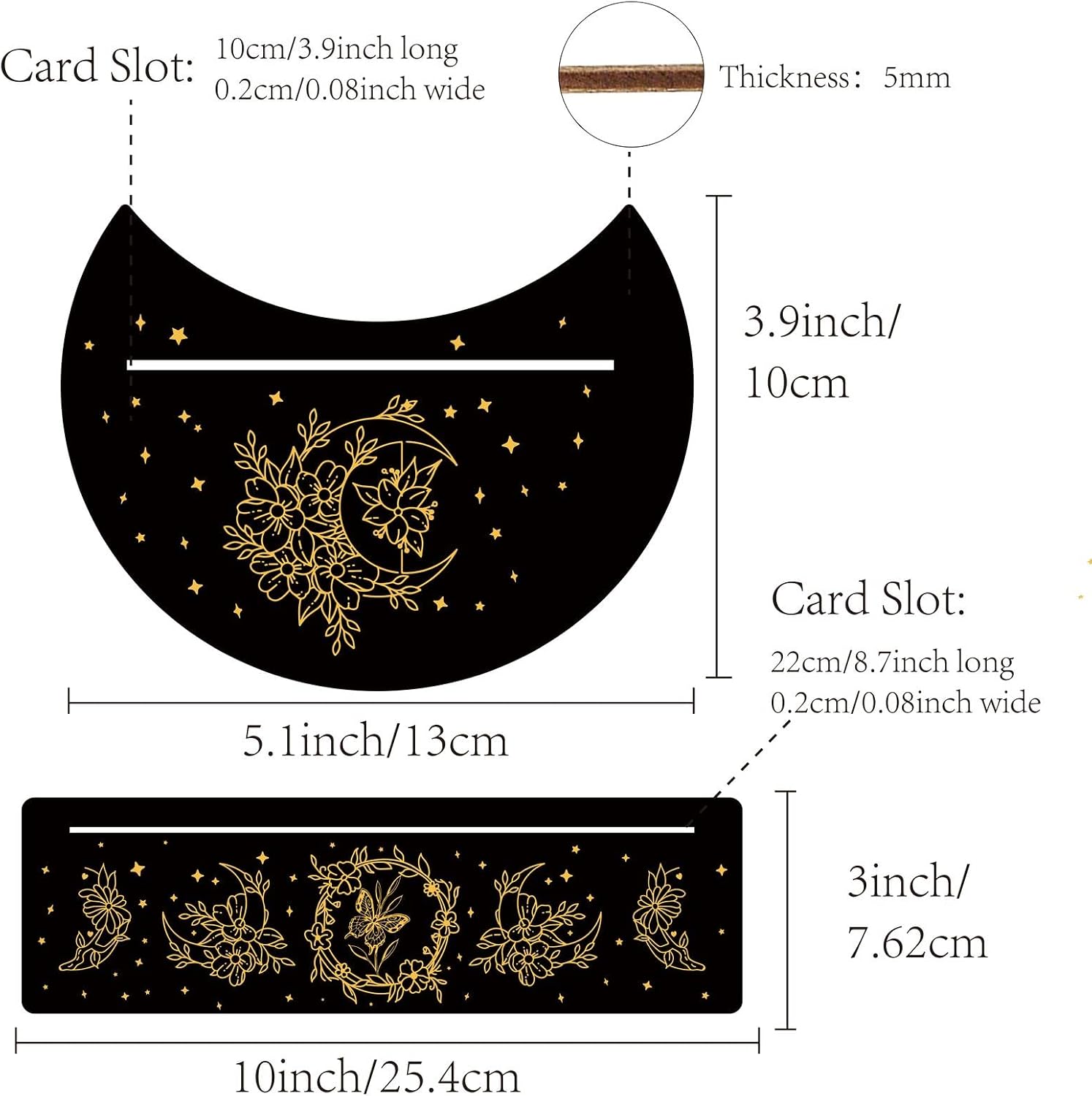 GORGECRAFT 2 Pieces Wooden Tarot Card Stand Black Tarot Card Holder 5" Moon Shape and 10" Rectangle Wood Tarot Cards Altar Stand Display Holder Witch Divination Ceremonial Tools, Moon with Flowers image 2