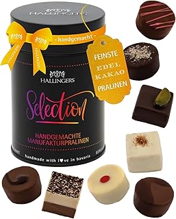 Hallingers Genuss Manufaktur Pralinen Geschenk – ohne Alkohol, handgemacht aus Premium Edelkakao, edle Geschenkdose "Selection", feine Confiserie-Qualität, besondere Geschenkidee für Frauen für Kinder