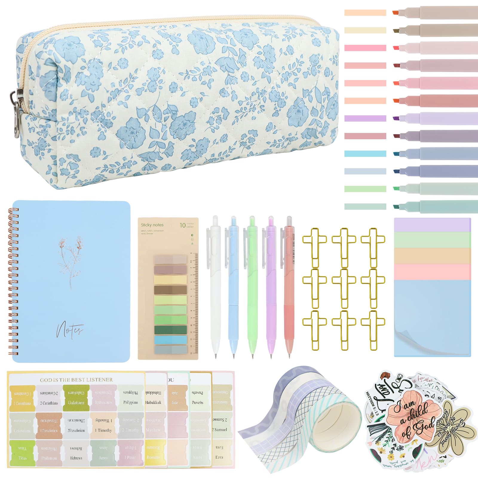 Kit de diario de suministros de estudio bíblico con bolígrafo, pestañas, cuaderno y resaltador sin sangrado, kit de anotación de libros estéticos, regalos cristianos para mujeres y amigas